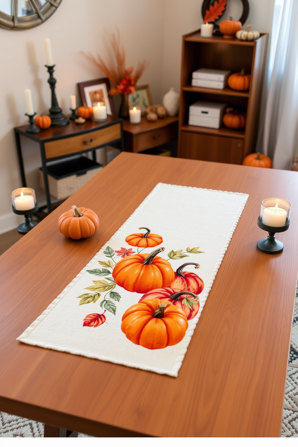 A festive table runner adorned with vibrant pumpkins stretches across a sleek wooden desk. Surrounding the runner, cozy candles flicker softly, and autumn-themed decor adds warmth to the home office atmosphere.