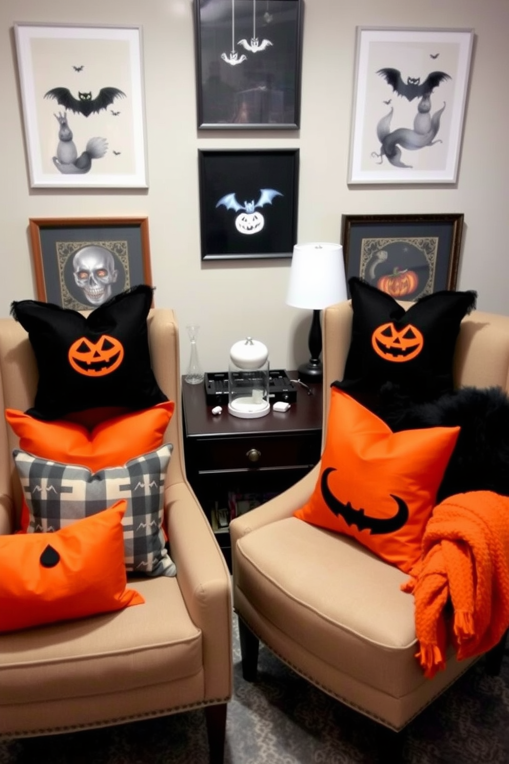 A cozy home office decorated for Halloween features chairs adorned with black and orange throw pillows. The walls are adorned with subtle Halloween-themed artwork, creating a festive yet sophisticated atmosphere.