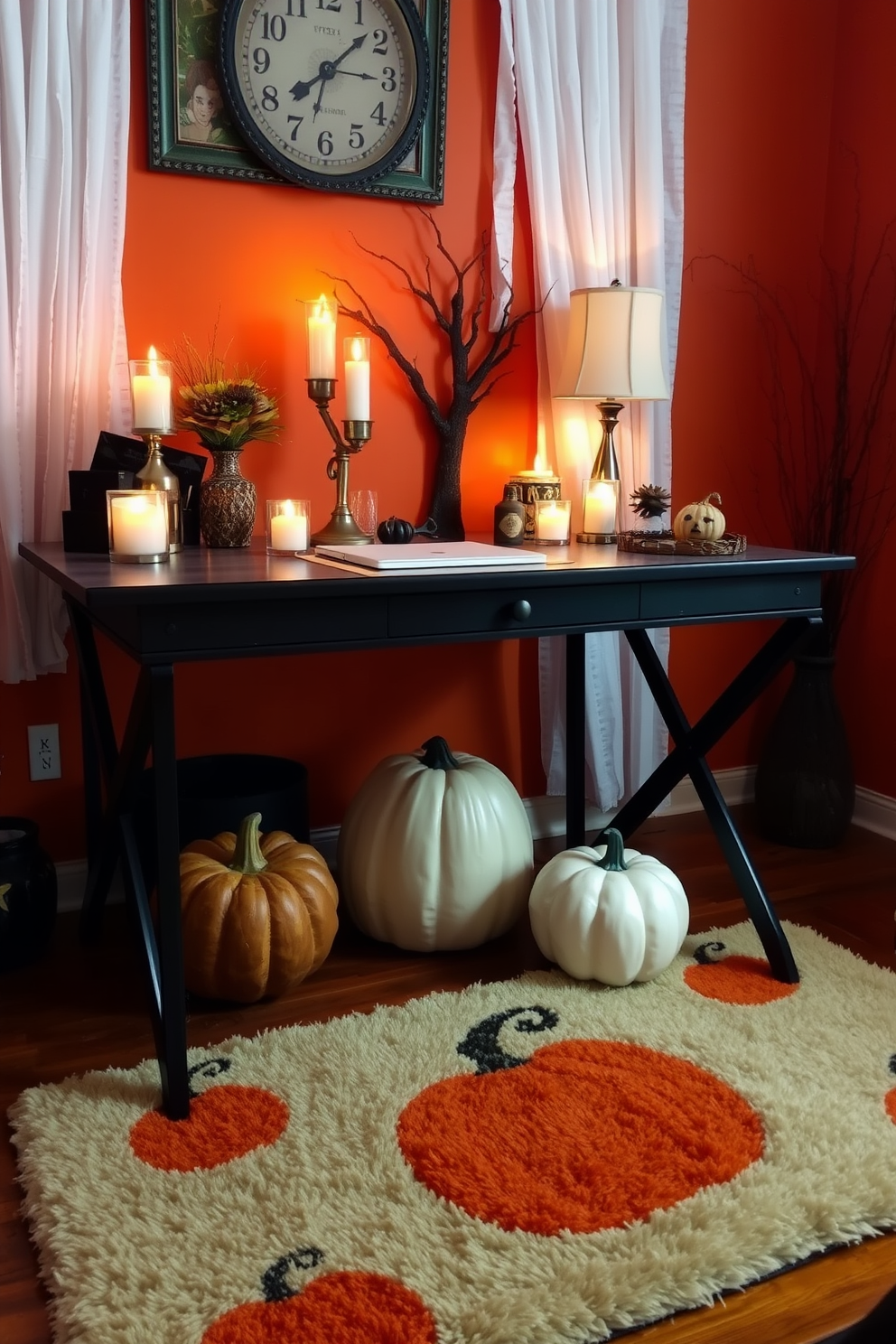 A cozy home office decorated for Halloween features a stylish desk adorned with scented candles in warm autumn fragrances. The walls are painted in deep orange, and a plush area rug with pumpkin motifs sits under the desk, creating an inviting atmosphere.