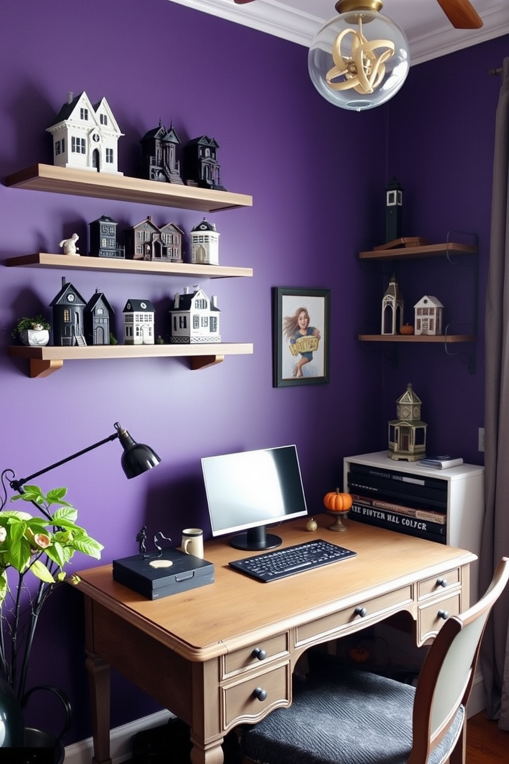 A cozy home office setting adorned with haunted house figurines displayed on floating shelves. The walls are painted in a deep purple hue, and a vintage desk is positioned near a window, creating a perfect workspace for creativity during the Halloween season.