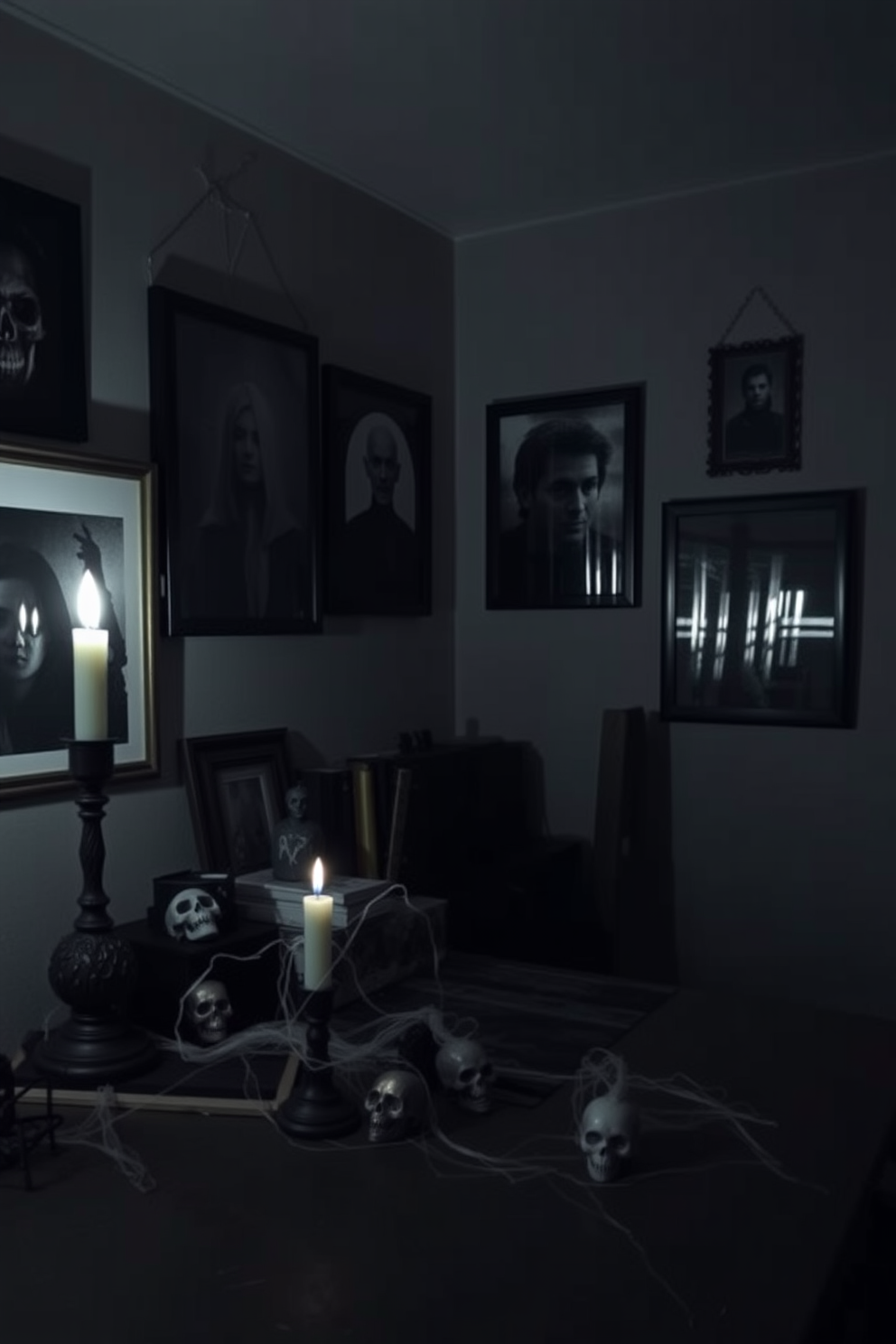 Eerie photo frames line the walls of a dimly lit home office, each displaying spooky images that evoke a sense of mystery. The desk is cluttered with cobwebs and small decorative skulls, while a flickering candle casts dancing shadows across the room.