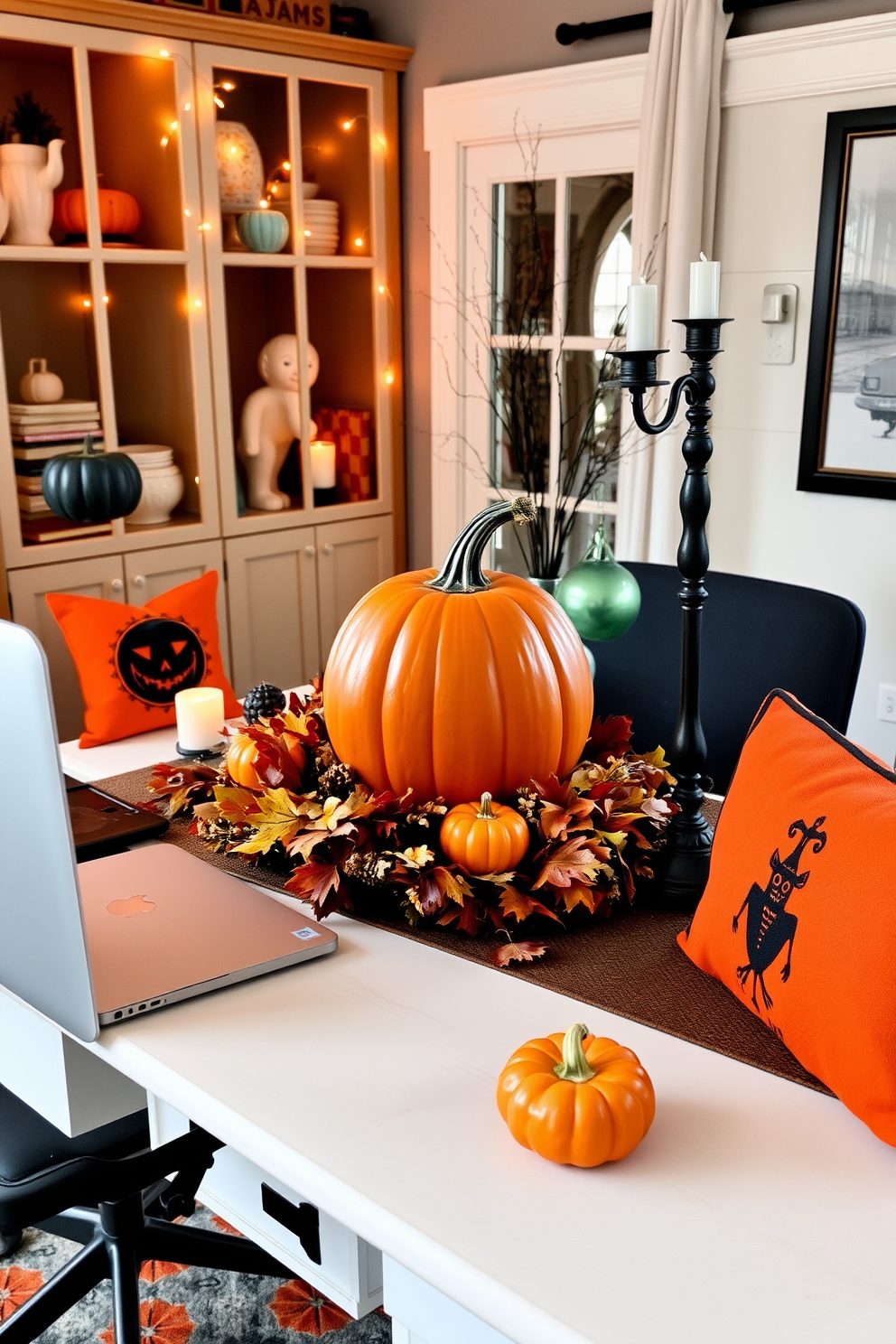 Create a cozy home office space decorated for Halloween. Place a large pumpkin centerpiece on the desk surrounded by autumn leaves and small gourds for festive flair. Incorporate warm lighting with string lights and candles to create an inviting atmosphere. Use orange and black accents in the decor, such as throw pillows and a seasonal rug, to enhance the Halloween theme.