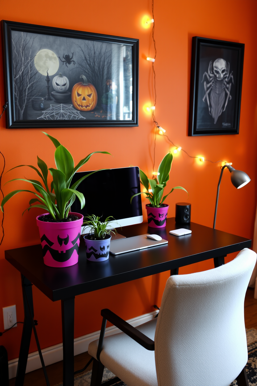 A cozy home office decorated for Halloween features a stylish desk adorned with spider plants in vibrant Halloween-themed pots. The walls are painted in a warm orange hue, and spooky artwork hangs alongside string lights that add a festive glow.