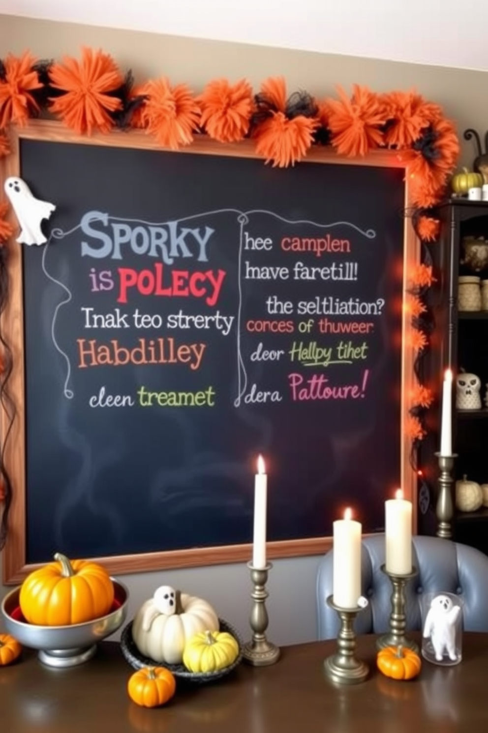 A cozy home office decorated for Halloween features a large chalkboard prominently displaying spooky quotes in colorful chalk. Surrounding the chalkboard are themed decorations like miniature pumpkins, ghostly garlands, and candles that create an inviting atmosphere.