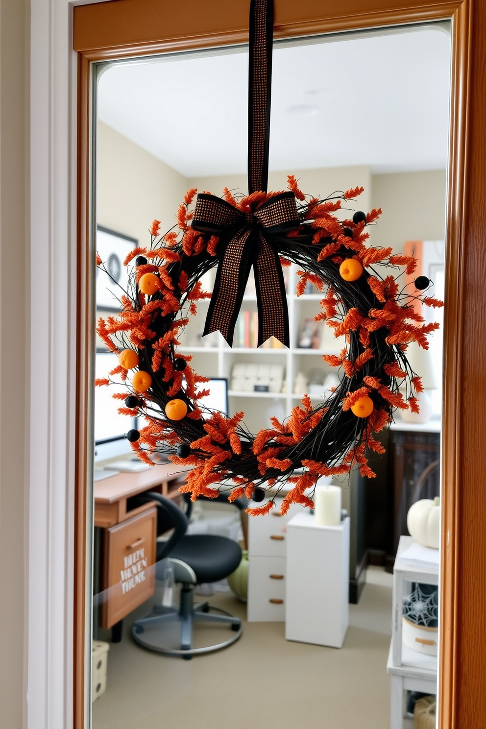 A seasonal wreath adorned with orange and black accents hangs on the office door, welcoming visitors with a festive touch. Inside the home office, the decor features subtle Halloween elements like miniature pumpkins and spiderwebs, creating a cozy yet spirited atmosphere.