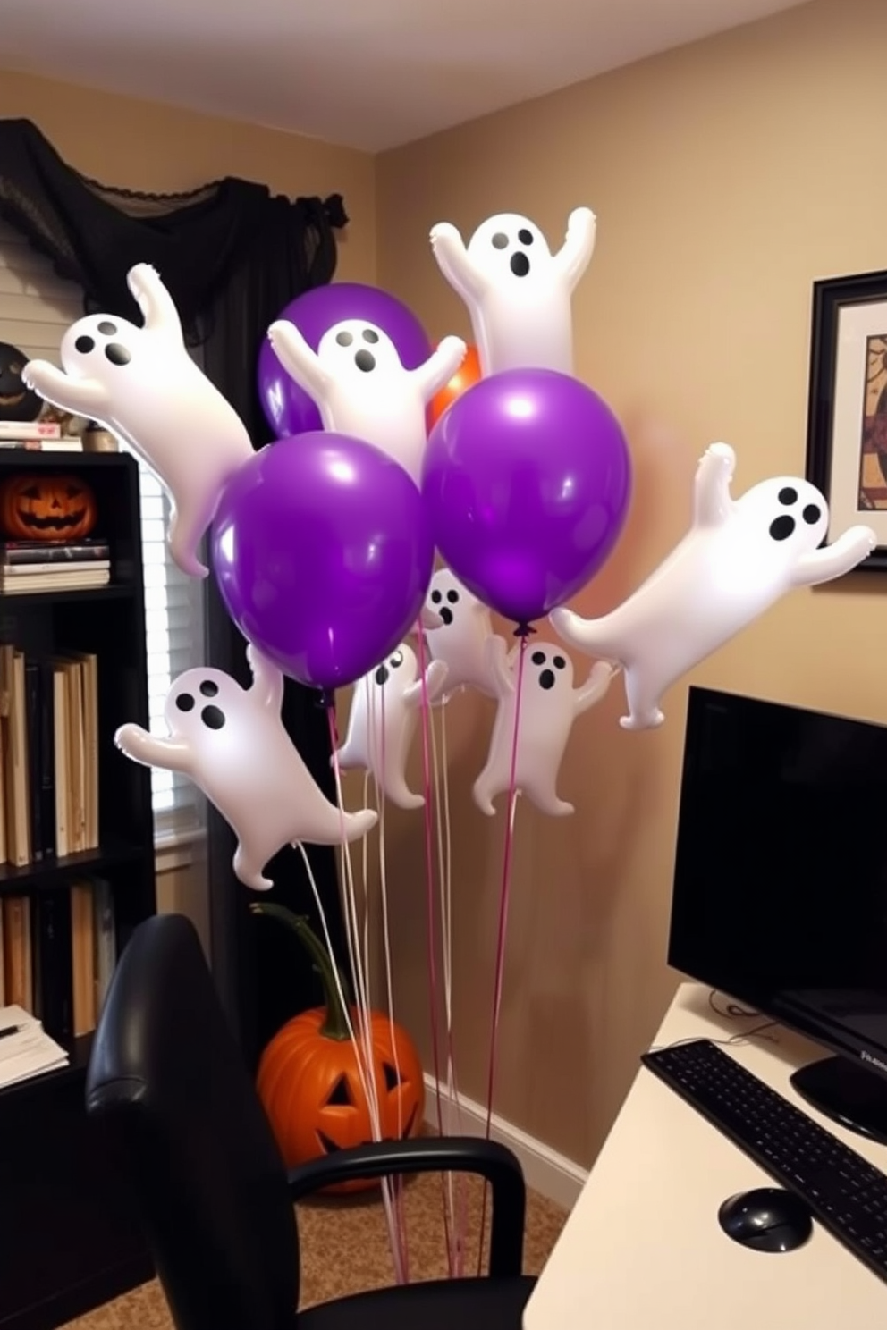 A whimsical Halloween home office setting. Ghost balloons are playfully floating in the corner, creating a festive atmosphere.