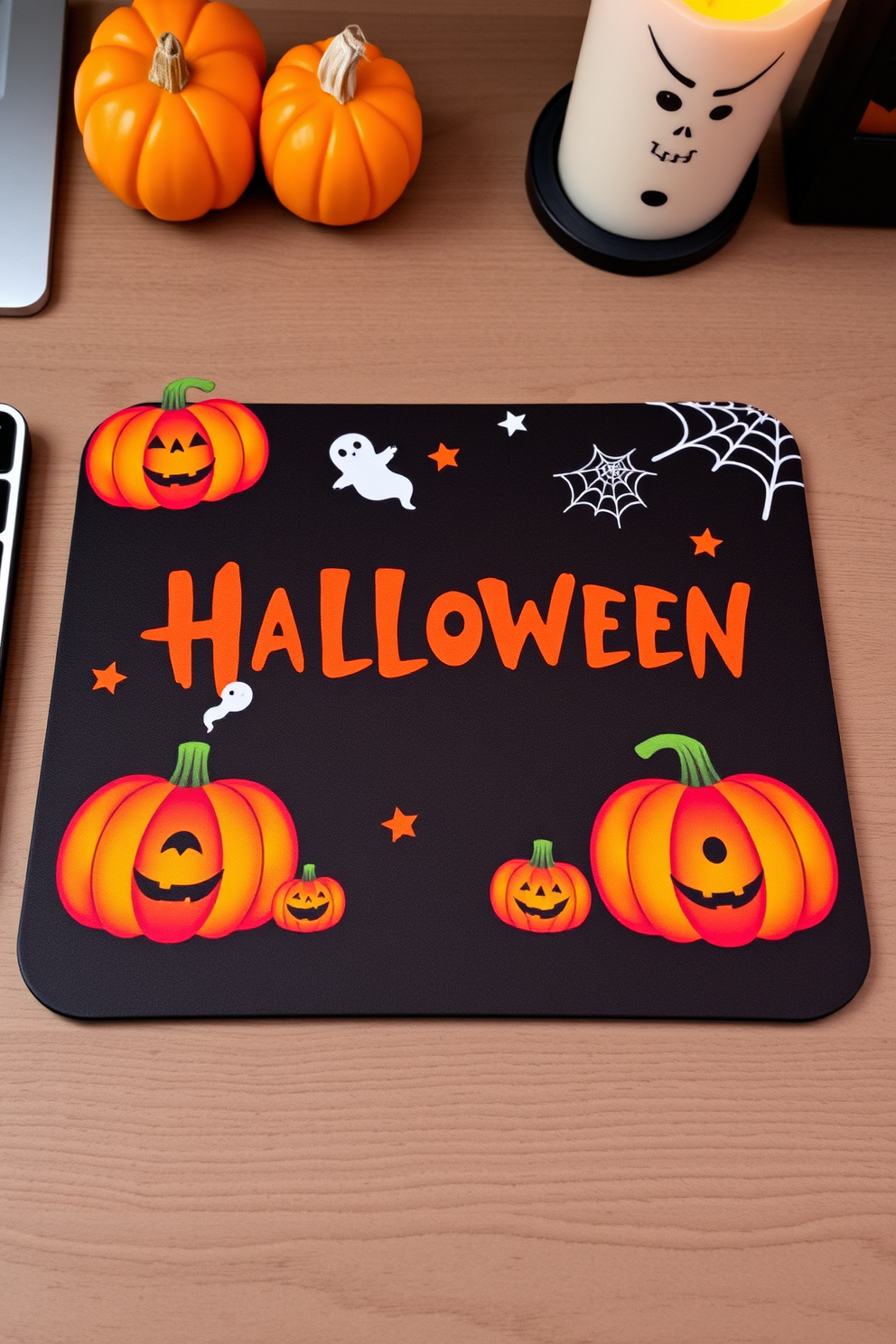 A themed mouse pad featuring Halloween designs with vibrant colors and spooky motifs. The mouse pad showcases images of pumpkins, ghosts, and cobwebs set against a dark background to create a festive atmosphere. Incorporate Halloween home office decorating ideas that include themed accessories and decorations. Use items like mini pumpkins, eerie candles, and festive wall art to enhance the seasonal vibe of your workspace.