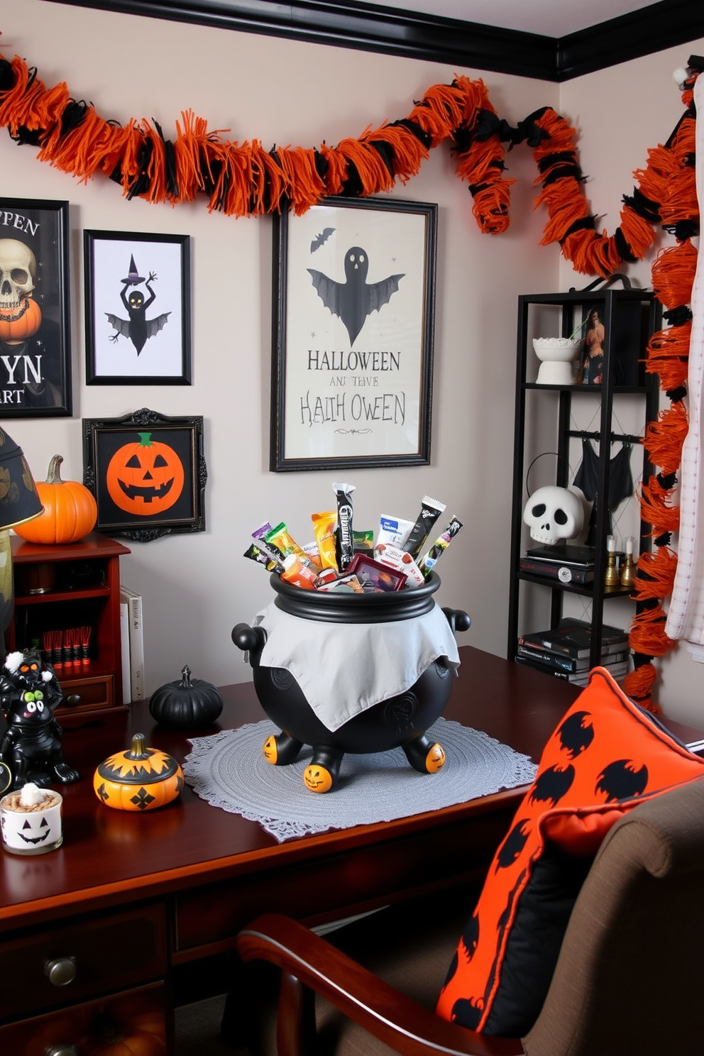 A whimsical home office setting for Halloween. A decorative cauldron filled with an assortment of treats sits on a wooden desk surrounded by themed decorations. The walls are adorned with spooky artwork and colorful garlands. A cozy armchair with orange and black cushions invites creativity and festive spirit.