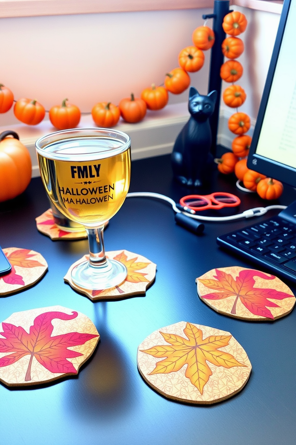 Autumn-themed coasters for drinks. The coasters feature intricate leaf designs in warm hues of orange, red, and yellow, creating a cozy atmosphere for fall gatherings. Halloween home office decorating ideas. The workspace is adorned with subtle spooky accents such as a black cat figurine, orange and purple desk accessories, and a festive garland of mini pumpkins.