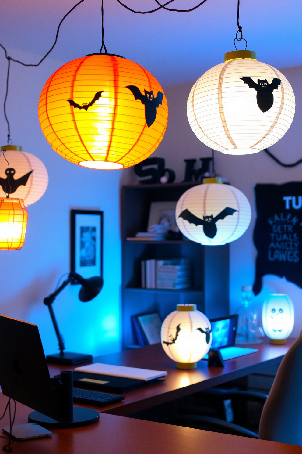 A cozy home office adorned with paper lanterns featuring spooky designs. The lanterns cast a warm glow, creating an inviting atmosphere perfect for Halloween-themed creativity.