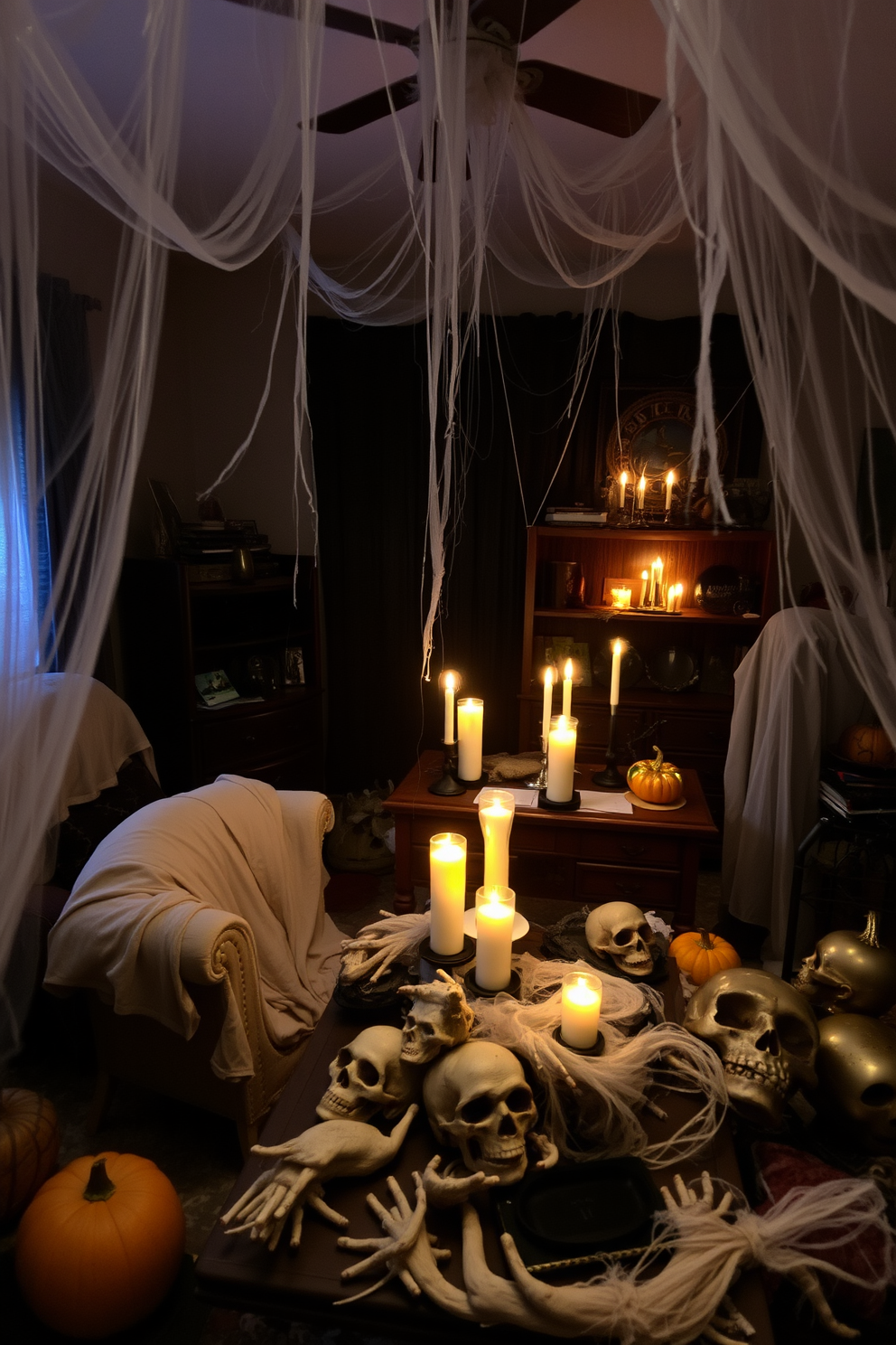 A spooky home office setting. There are several pieces of furniture covered with tattered cloth, creating an eerie atmosphere. The walls are adorned with cobwebs and dimly lit candles flicker on the desk. A collection of Halloween-themed decor items, such as skulls and pumpkins, are scattered throughout the space.