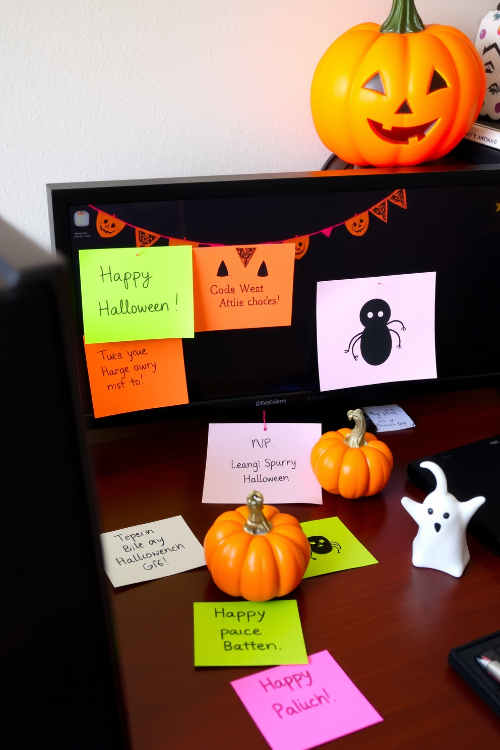 A cozy home office setting decorated for Halloween. The desk is adorned with colorful sticky notes featuring spooky designs and playful messages, surrounded by small decorative pumpkins and ghost figurines.