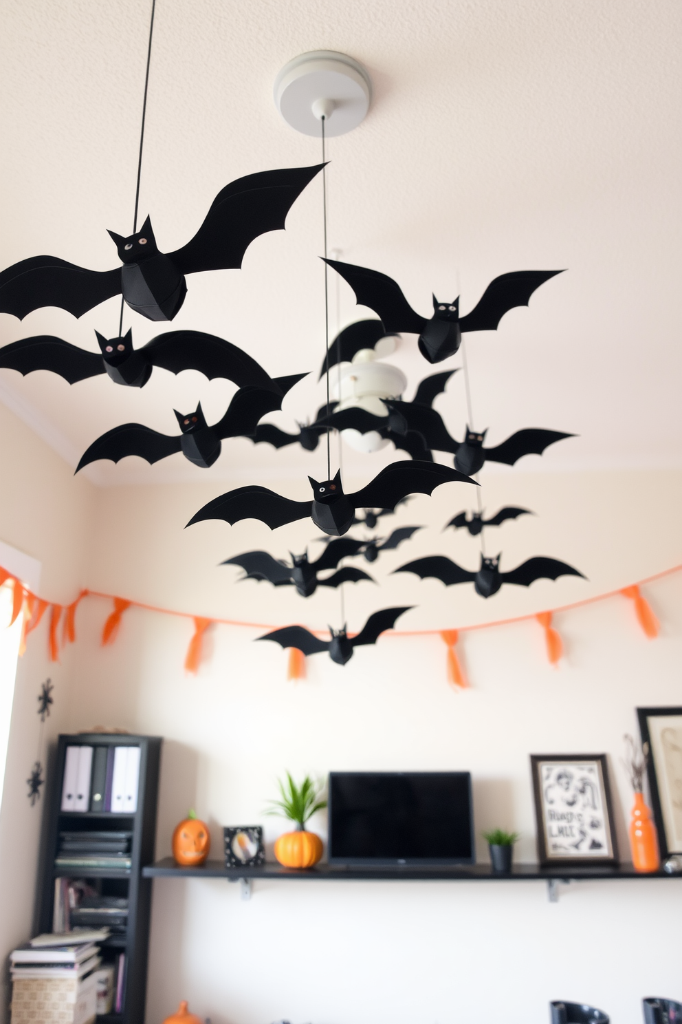 A whimsical Halloween home office features ghoulish garlands draped across shelves adorned with spooky decorations. The workspace is illuminated by soft, eerie lighting, creating a festive yet productive atmosphere.