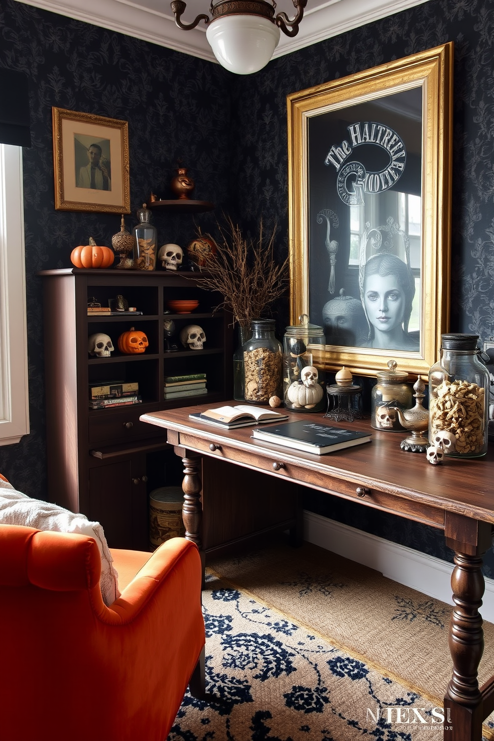 A cozy home office decorated for Halloween features vintage apothecary jars filled with curiosities like dried herbs and miniature skulls. The walls are adorned with dark, moody wallpaper, and a rustic wooden desk is accented by a plush chair in deep orange velvet.