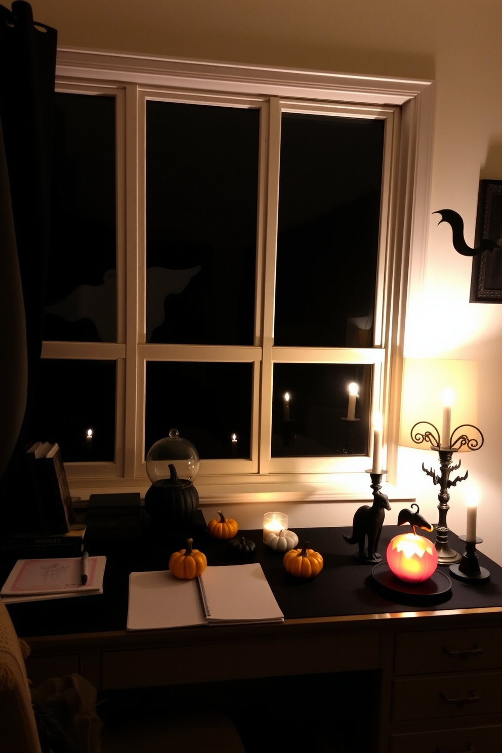 A spooky home office setting designed for Halloween. Creepy candle displays flicker on the desk, casting eerie shadows across the room. Dark, moody walls are adorned with cobwebs and ghostly decorations. A collection of uniquely shaped candles in various heights adds an unsettling yet inviting ambiance.