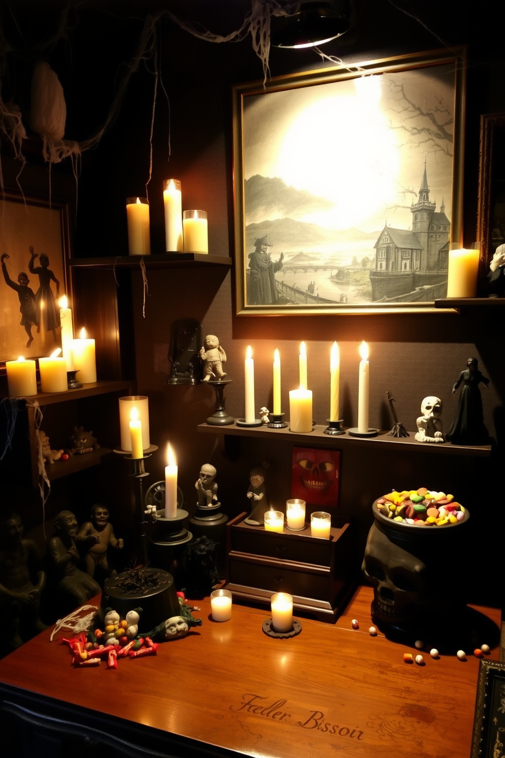 Creepy candle arrangements are strategically placed on dark wooden shelves, casting eerie shadows across the room. The flickering flames create an unsettling ambiance, enhanced by cobwebs draping from the corners and ghostly figurines scattered throughout the space. The walls are adorned with haunting artwork, featuring ghoulish landscapes and spectral figures. A vintage desk is cluttered with spooky decor, including a skull-shaped paperweight and a cauldron filled with candy, inviting a playful yet chilling atmosphere.