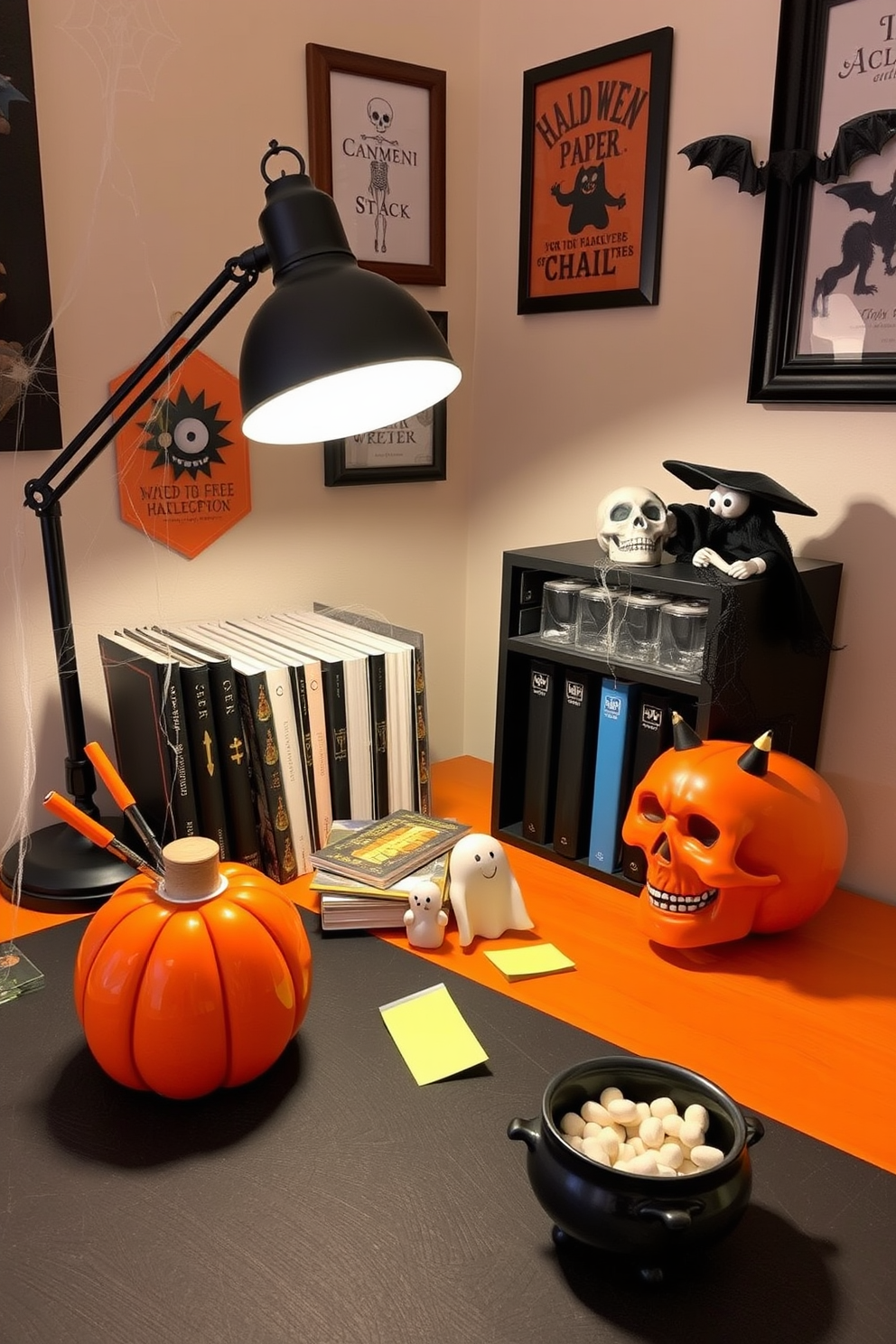 Create a Halloween-themed home office setting that features quirky desk accessories like a pumpkin-shaped pen holder and ghost-shaped sticky notes. The desk is adorned with a black and orange color scheme, and a spooky table lamp casts a warm glow over a collection of themed notebooks and a decorative skull. Incorporate Halloween decorations such as cobwebs draped over the bookshelf and a witch figurine perched on the corner of the desk. The walls are adorned with festive artwork, and a small cauldron serves as a candy dish, adding a playful touch to the workspace.