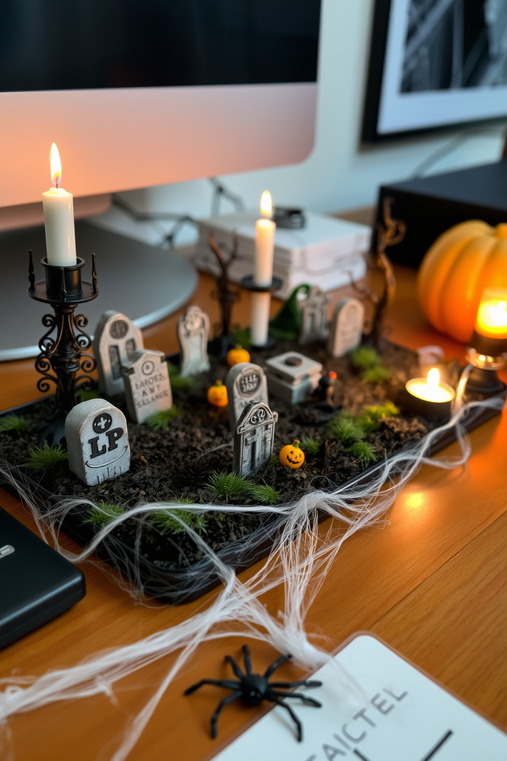 A cozy home office adorned with framed Halloween art on the walls. The space features a dark wood desk with a vintage lamp and a comfortable chair, creating an inviting atmosphere for creativity. Pumpkins and autumn leaves are arranged on the desk, enhancing the Halloween theme. A soft rug in warm tones lies beneath the desk, adding comfort and style to the room.