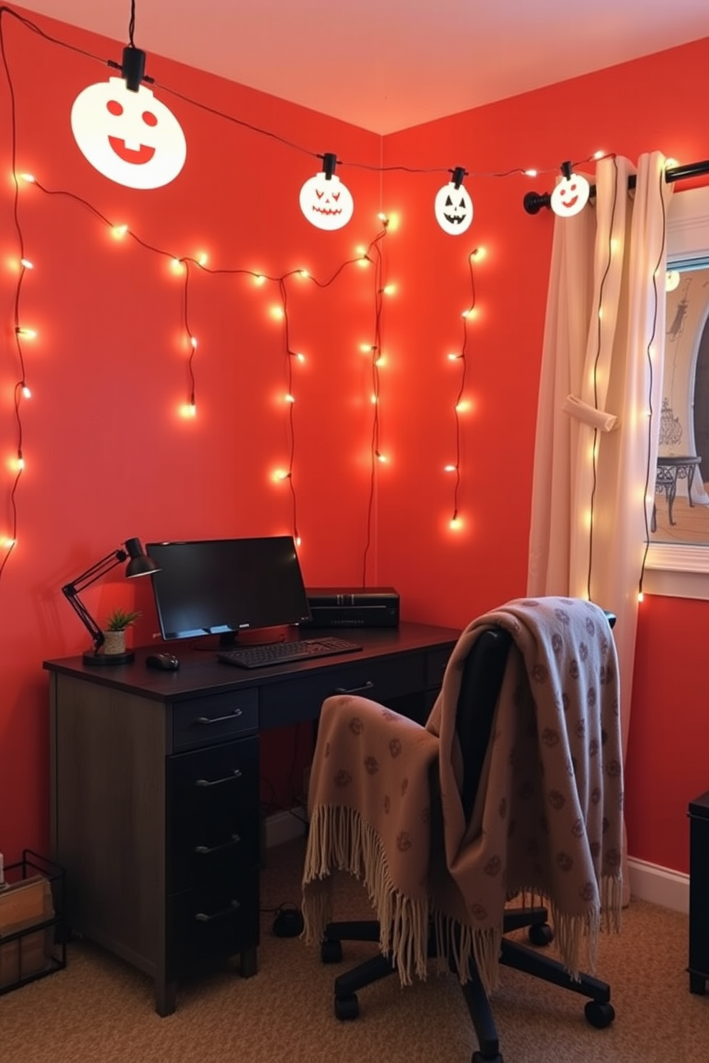 A miniature graveyard scene is set on a wooden desk, featuring small tombstones crafted from gray stone and adorned with intricate carvings. Surrounding the tombstones are miniature skeletons and ghostly figures, creating a spooky yet playful atmosphere for Halloween home office decorating ideas.