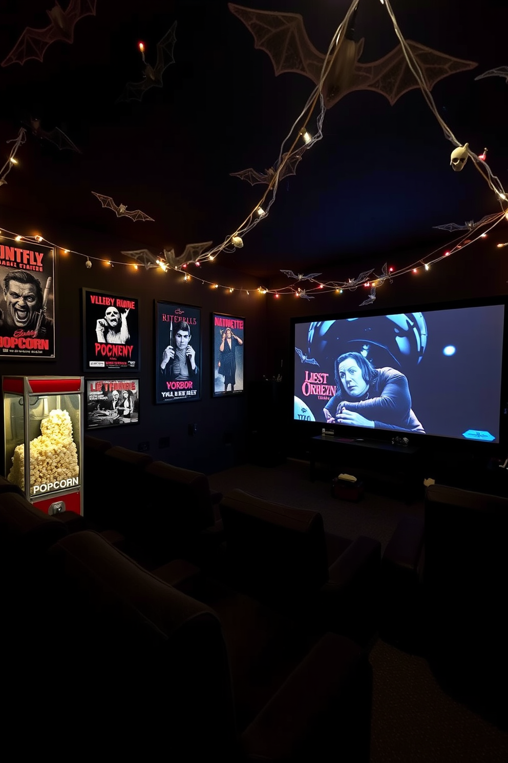 Creepy movie posters adorn the walls of a dimly lit home theater, creating an eerie atmosphere perfect for Halloween. The seating is plush and dark, with a vintage popcorn machine in the corner, adding to the nostalgic horror vibe. String lights in the shape of bats hang from the ceiling, casting spooky shadows across the room. A large screen displays classic horror films, while themed decor like skulls and cobwebs complete the chilling aesthetic.