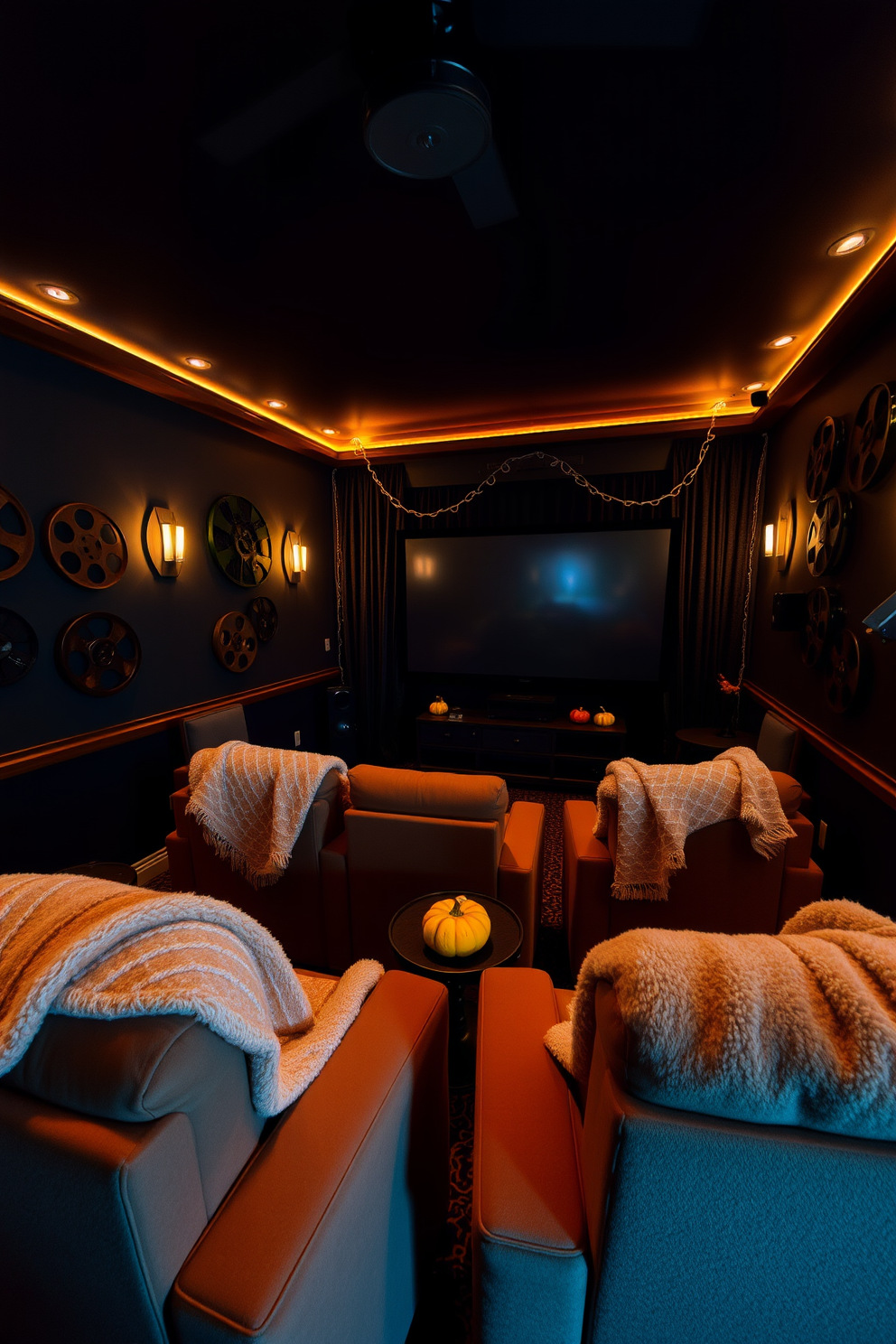 Create a Halloween-themed home theater with an eerie atmosphere using a fog machine. Dim lighting enhances the spooky feel as ghostly figures are projected onto the walls.