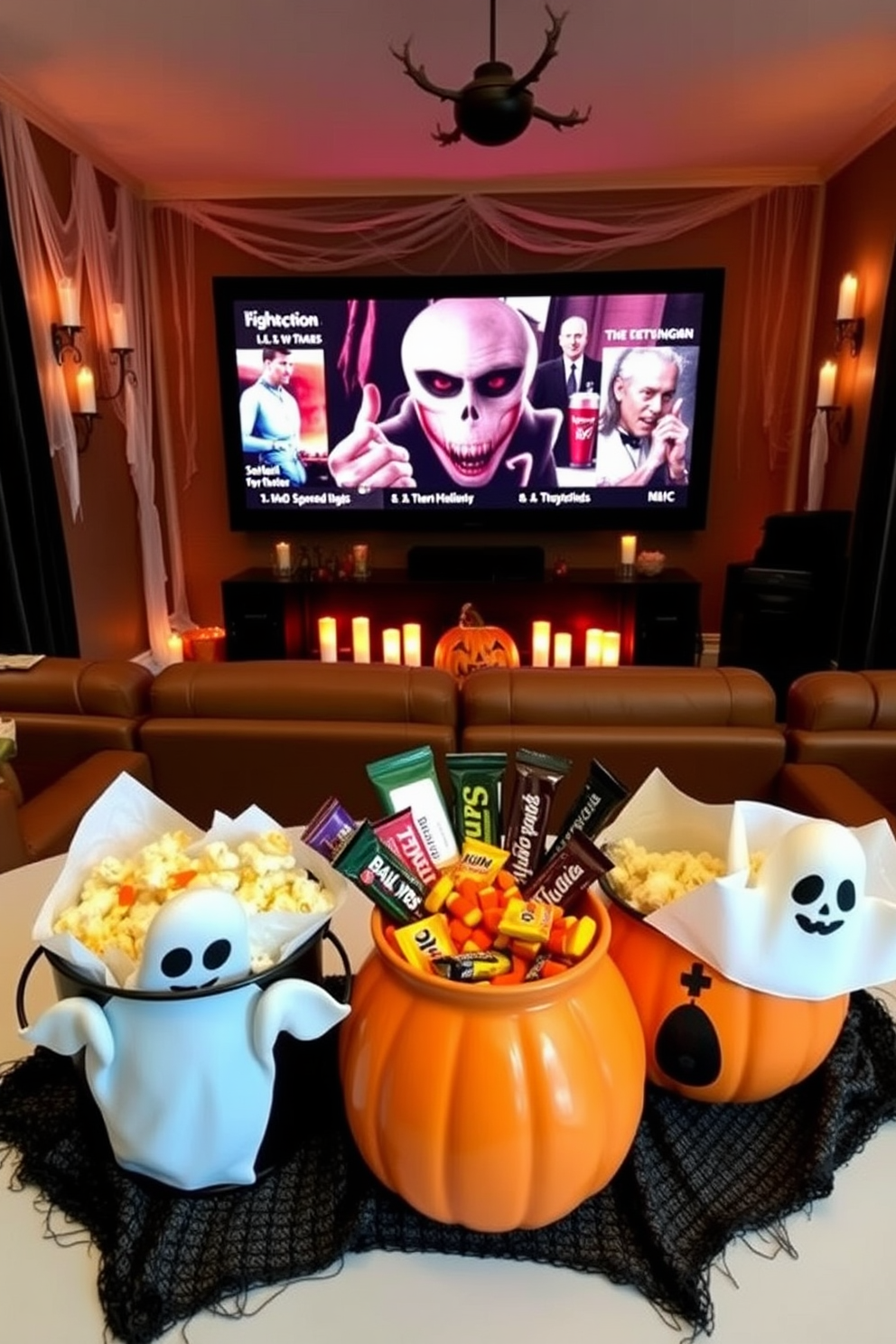 A home theater designed for Halloween with dim lighting and eerie decorations. Creepy sound effects play softly in the background, enhancing the spooky atmosphere.