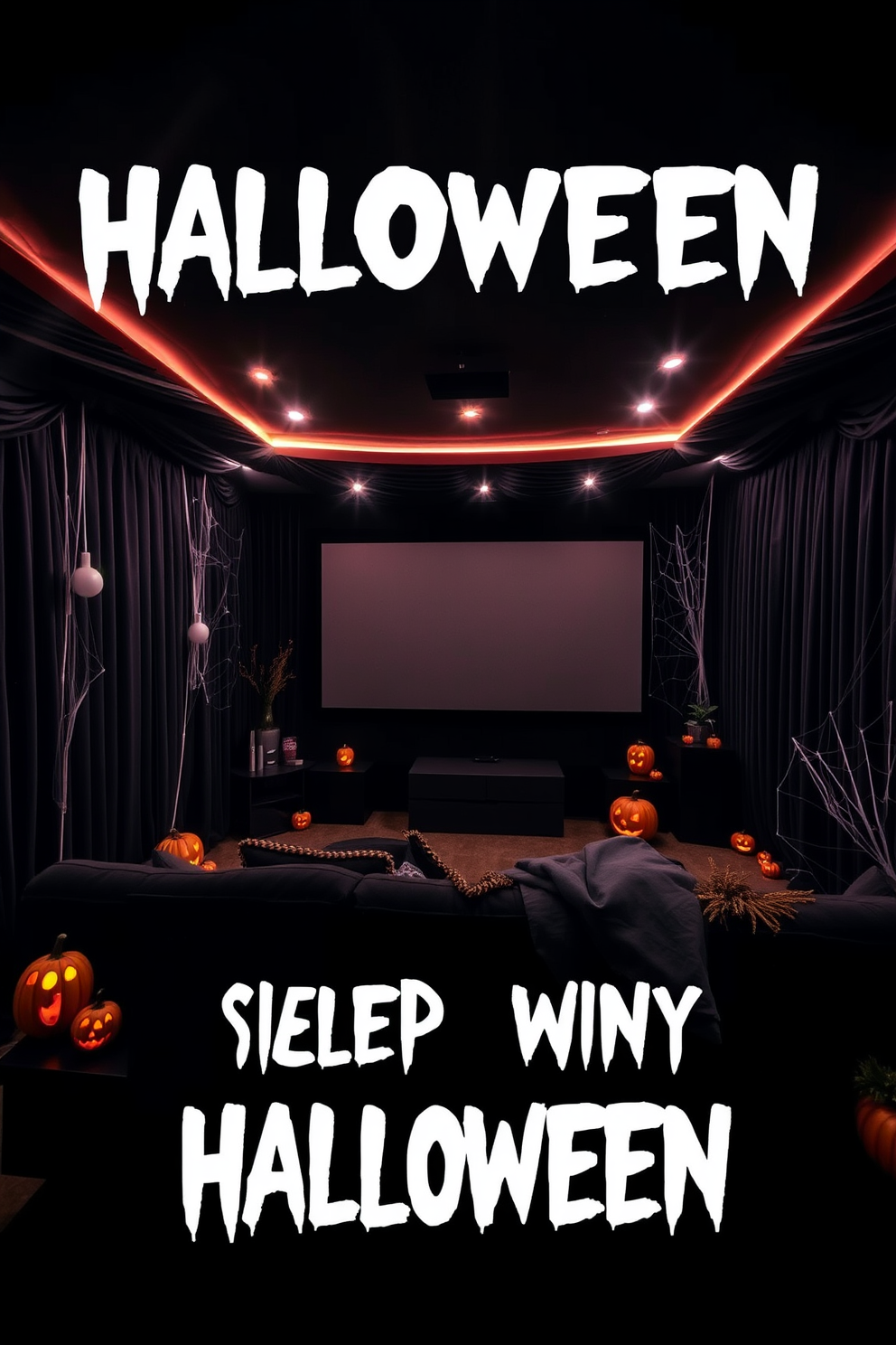 A cozy home theater setting adorned for Halloween. The walls are draped in dark velvet, and flickering lights cast eerie shadows across the room. A plush black sectional sofa is arranged in front of a large screen, surrounded by themed decorations like cobwebs and jack-o'-lanterns. Creepy sound effects play softly in the background, enhancing the spooky atmosphere.