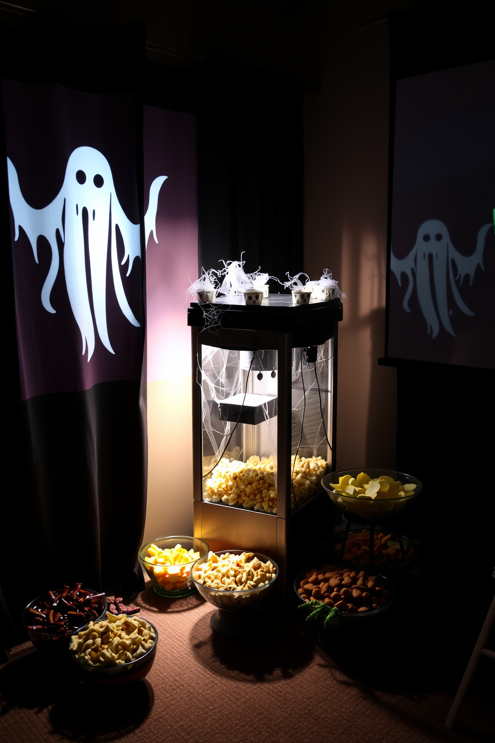 A spooky popcorn machine sits in the corner of a dimly lit home theater. The machine is adorned with cobwebs and eerie decorations, while a flickering light casts shadows across the room. Surrounding the machine are bowls filled with various Halloween-themed snacks. Dark curtains frame the windows, and ghostly figures are projected on the screen, enhancing the haunted atmosphere.