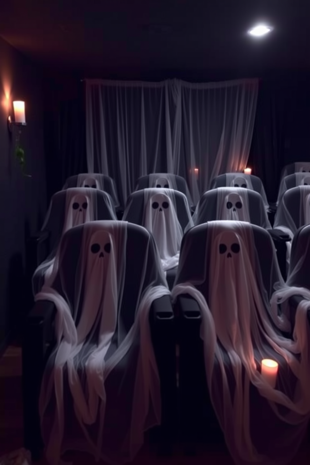 A cozy home theater designed for a scary movie marathon. The walls are painted dark gray, adorned with vintage horror movie posters, and the seating consists of plush black recliners arranged in a semi-circle around a large screen. Soft, ambient lighting creates an eerie atmosphere, with strategically placed LED strip lights in deep red illuminating the edges of the room. A popcorn machine sits in the corner, accompanied by a decorative bowl filled with Halloween-themed snacks, while a collection of spooky throw blankets adds comfort to the seating area.