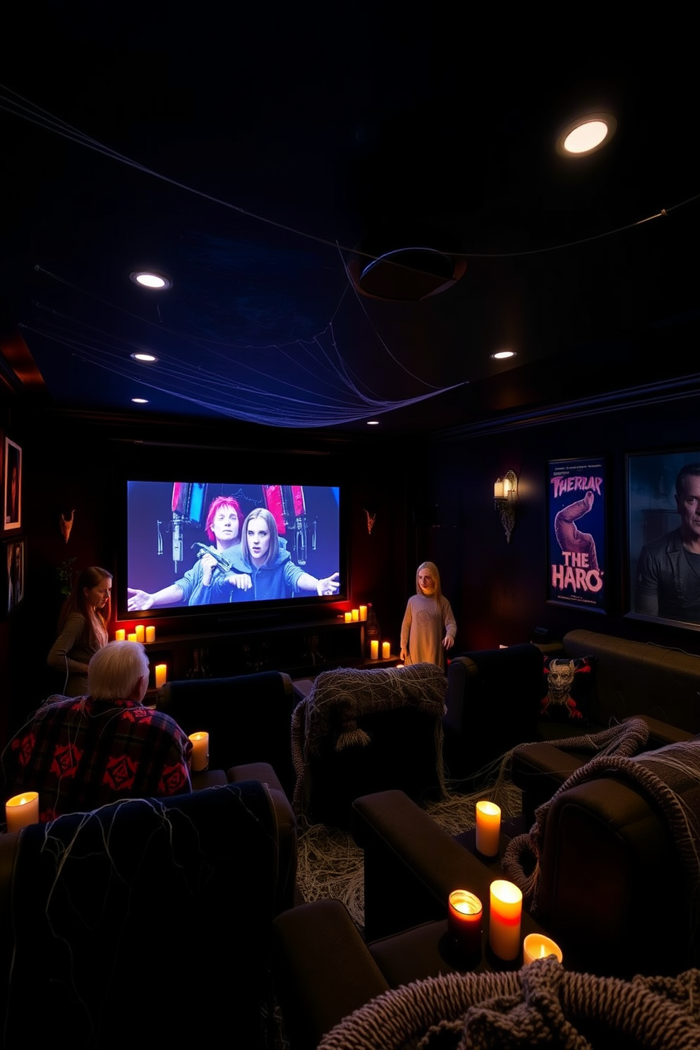 A chilling home theater designed for Halloween featuring life-sized horror movie characters positioned strategically throughout the space. The walls are painted in a deep black, adorned with eerie artwork and dim lighting to create an unsettling atmosphere. A large screen displays classic horror films, while plush seating is arranged for comfort, draped in spooky-themed throws. Cobwebs and flickering LED candles enhance the haunting vibe, making it the perfect setting for a frightful movie night.