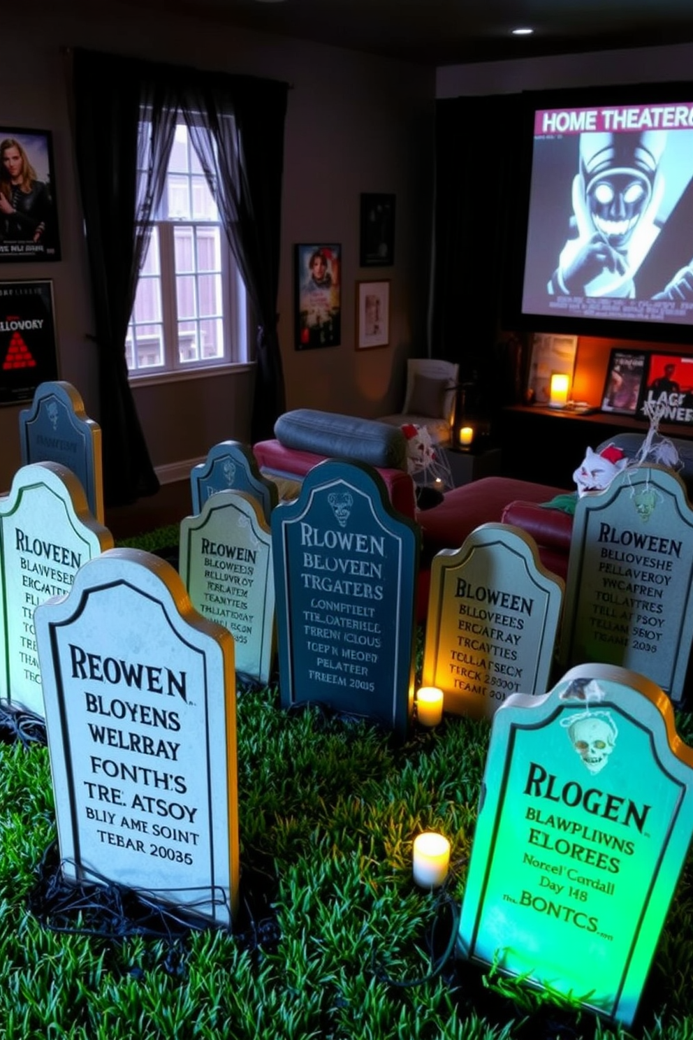 A spooky DIY tombstone setup in the yard features various uniquely shaped tombstones made from painted foam boards. Each tombstone is adorned with eerie inscriptions and surrounded by artificial cobwebs and flickering LED candles for an atmospheric Halloween touch. The home theater is decorated with a cozy ambiance, showcasing plush seating and a large screen. Dark curtains frame the windows, while themed decor elements like movie posters and subtle lighting create an immersive cinematic experience.