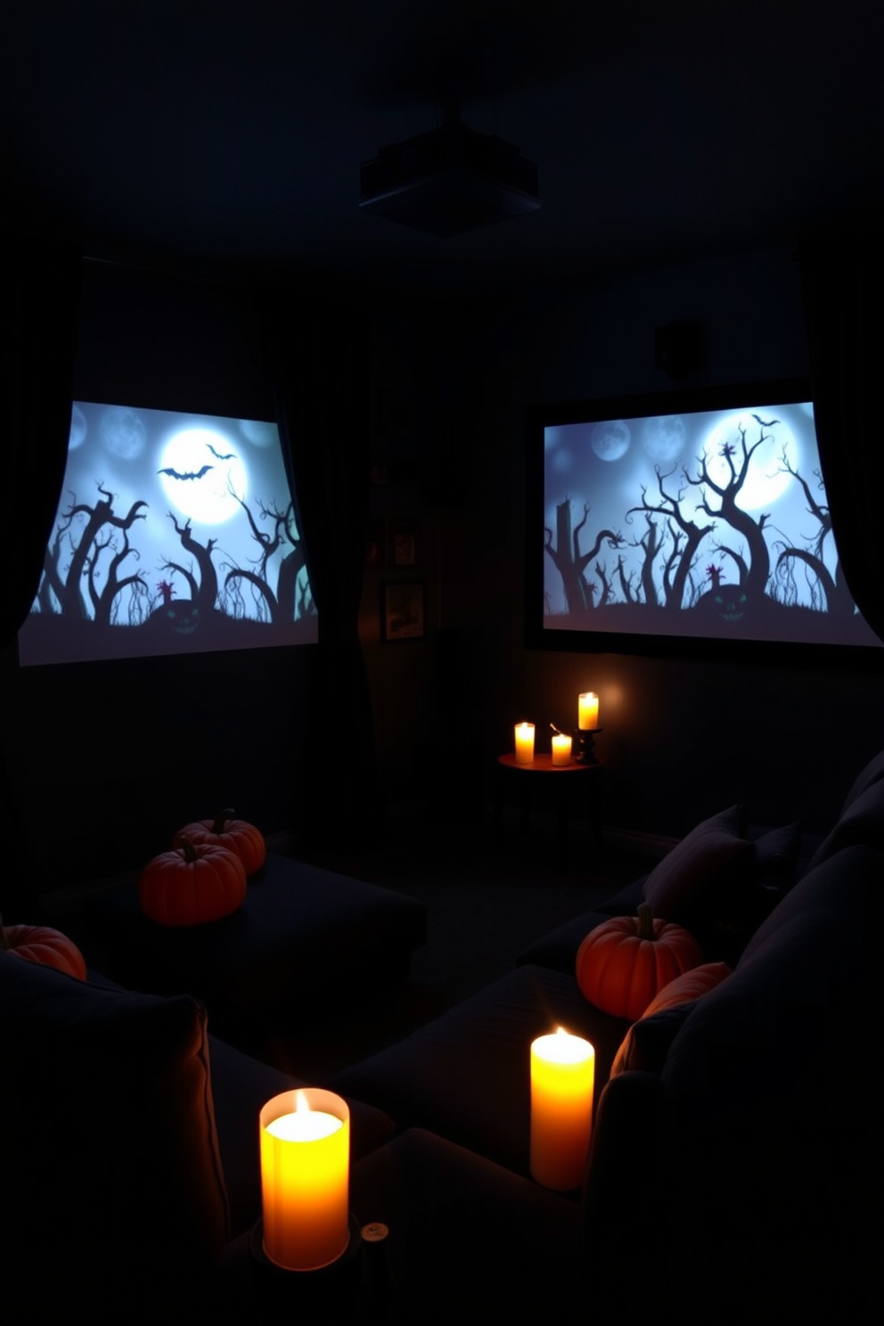 A cozy home theater setting for Halloween. The projector displays eerie haunted visuals on a large screen, creating an immersive spooky atmosphere. Surrounding the screen, dark curtains drape elegantly, enhancing the cinematic experience. Flickering candles and themed decorations like cobwebs and skulls add to the festive decor.