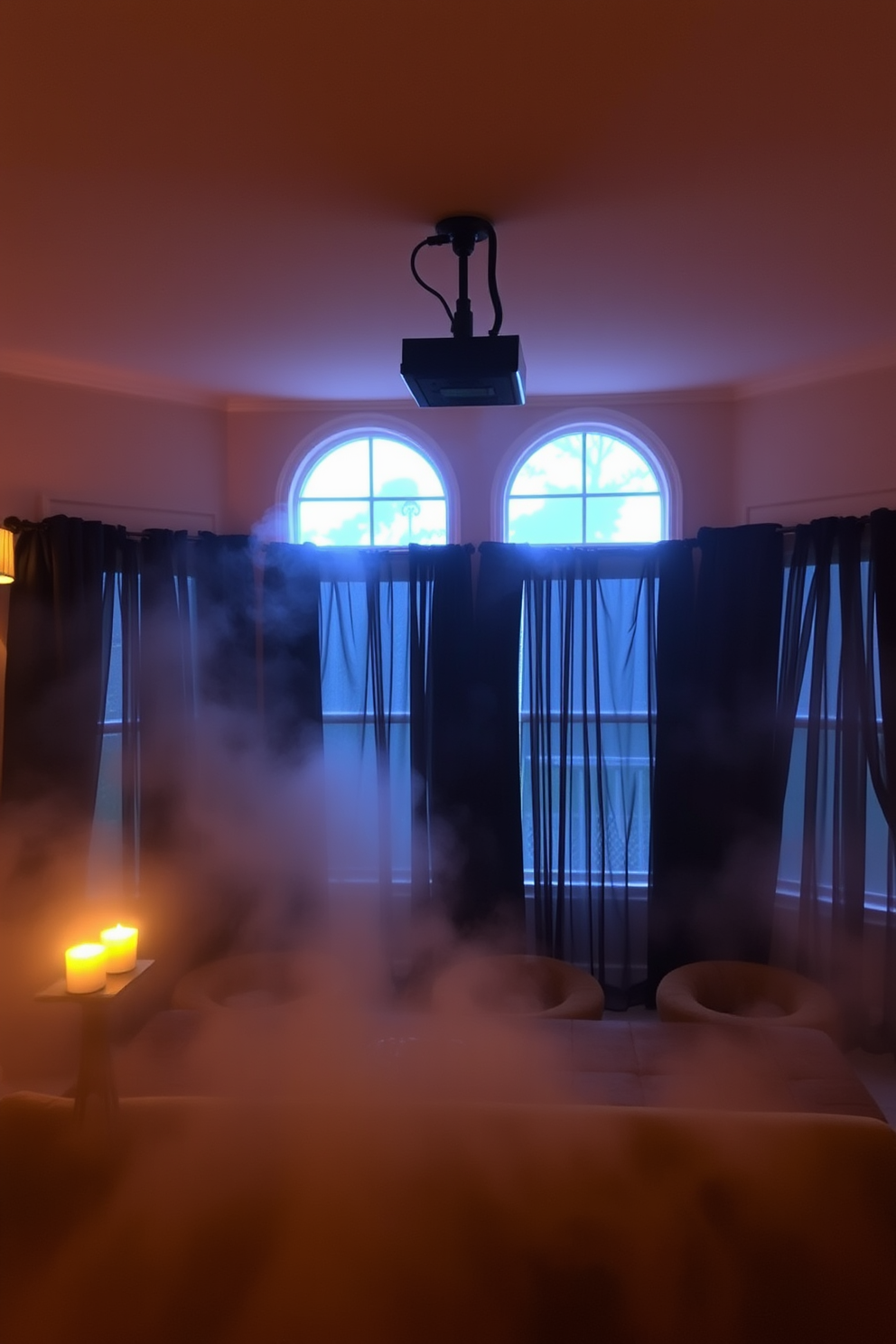 A home theater decorated for Halloween features a fog machine creating an eerie atmosphere throughout the space. Dark curtains frame the windows, and flickering LED candles cast shadows on the walls, enhancing the spooky vibe.