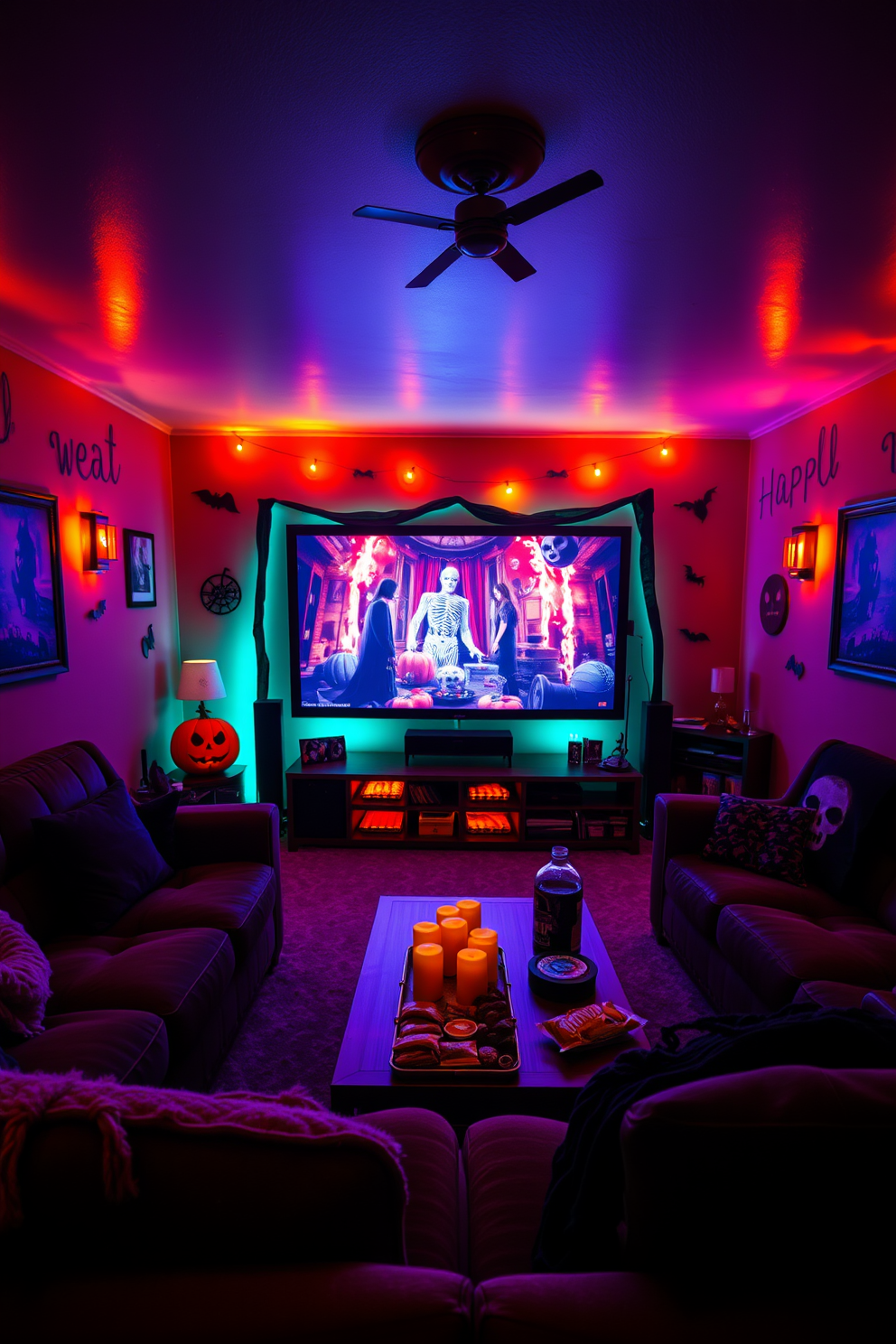 A cozy home theater setting with dim lighting that creates an inviting atmosphere. Colored bulbs in shades of orange and purple cast a warm glow over plush seating and Halloween-themed decorations. Walls adorned with spooky artwork and silhouettes enhance the festive vibe. A large screen displays classic horror films, while themed snacks are arranged on a stylish coffee table.