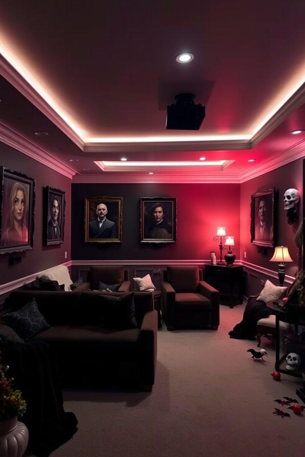 Create a spooky home theater setting for Halloween featuring walls adorned with hanging portraits that have moving eyes. The room is dimly lit, with plush seating arranged for an immersive viewing experience, and eerie decorations scattered throughout to enhance the haunting atmosphere.