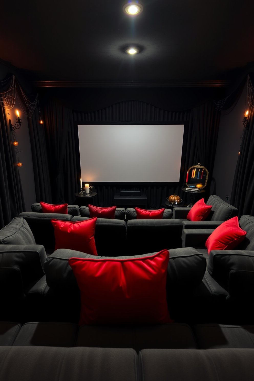 A cozy home theater with plush seating arranged for optimal viewing. Blood-red throw pillows are artfully placed on the deep gray sofas, enhancing the Halloween theme with a touch of elegance. Dim lighting creates an inviting atmosphere, complemented by decorative elements like spiderwebs and flickering candles. A large screen sits at the front, surrounded by dark curtains that add to the cinematic experience.