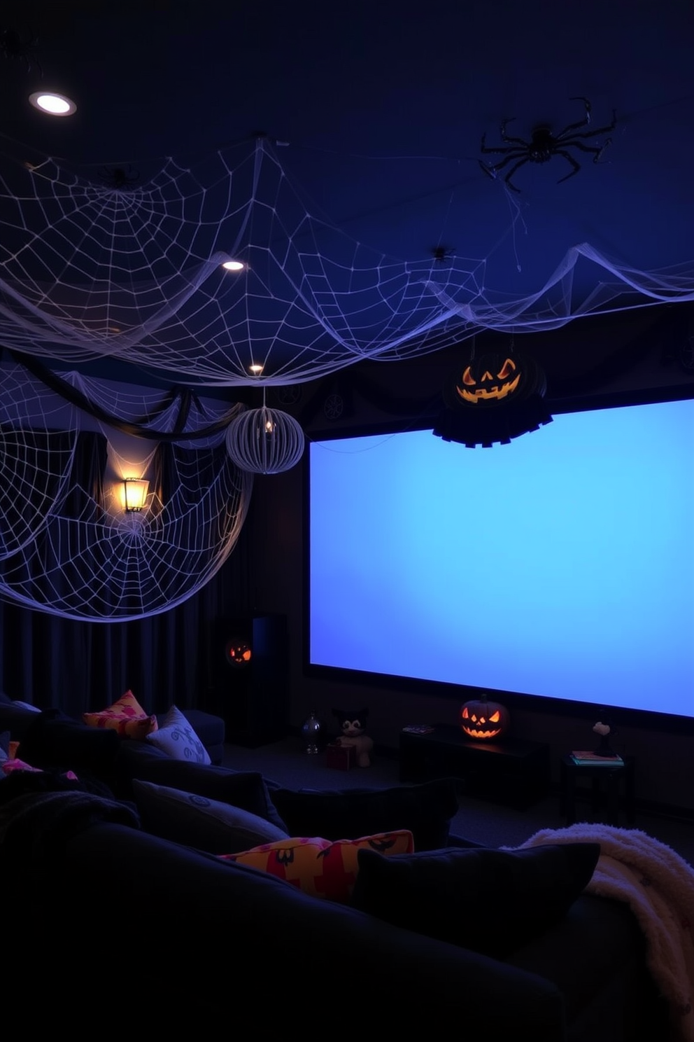 A cozy home theater decorated for Halloween features spooky string lights draped around the room creating an eerie ambiance. The walls are adorned with dark, thematic decor, and plush seating is complemented by Halloween-themed cushions and throws.