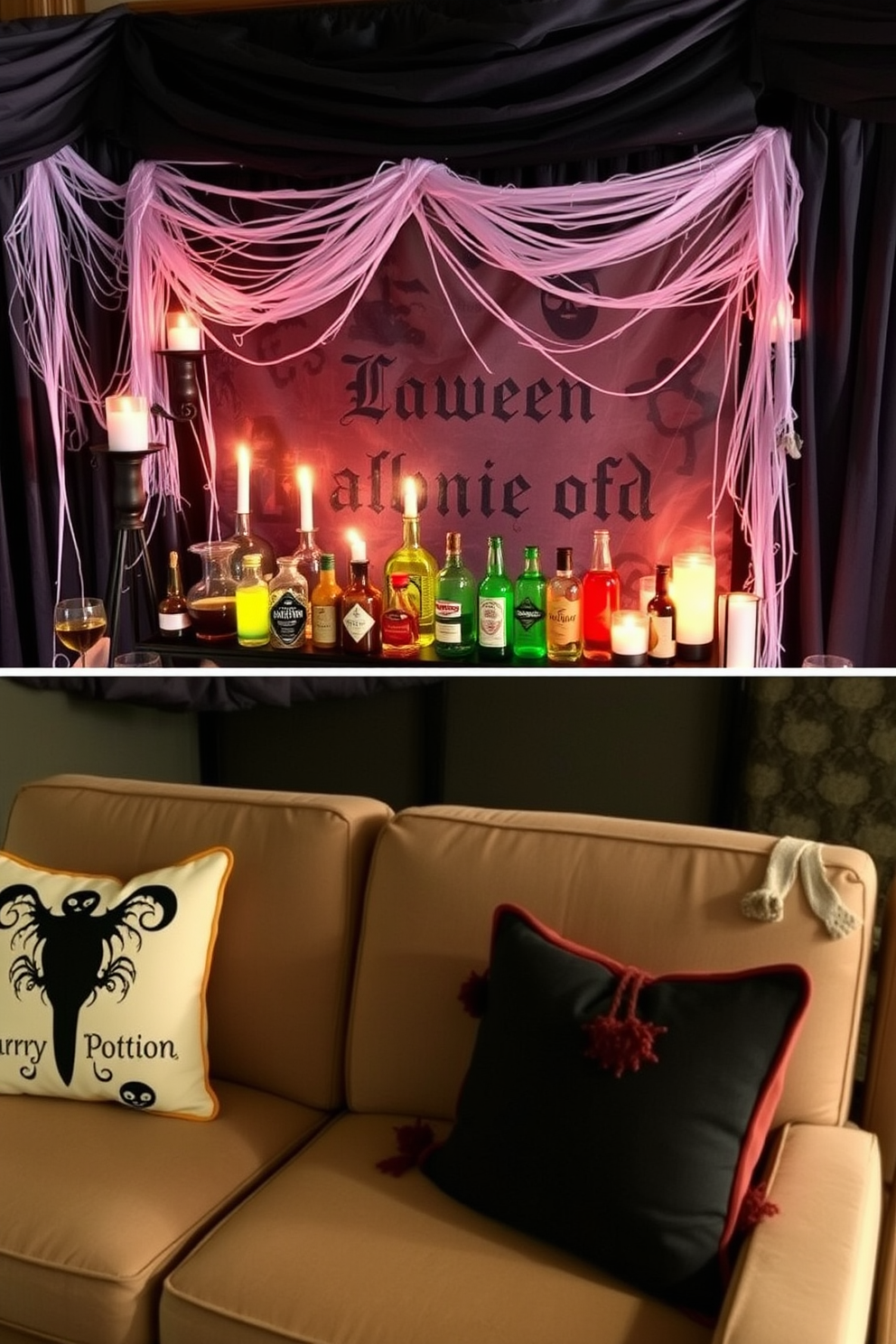 A spooky home theater setting featuring a creepy doll collection as unique accents. The walls are painted in deep black, and dim lighting casts eerie shadows on the shelves displaying the dolls. Vintage movie posters adorn the walls, enhancing the Halloween theme. Plush seating in dark velvet is arranged for an immersive viewing experience, with cobwebs artfully draped across the corners.