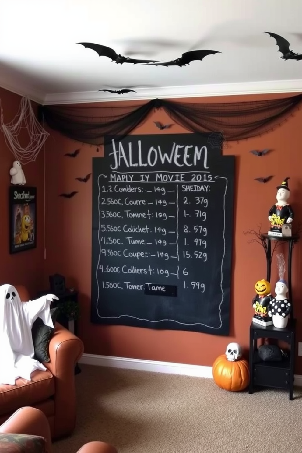 A cozy home theater decorated for Halloween features a large chalkboard displaying a spooky movie schedule. The walls are adorned with themed decorations like cobwebs, bats, and ghostly figures, creating an inviting yet eerie atmosphere.