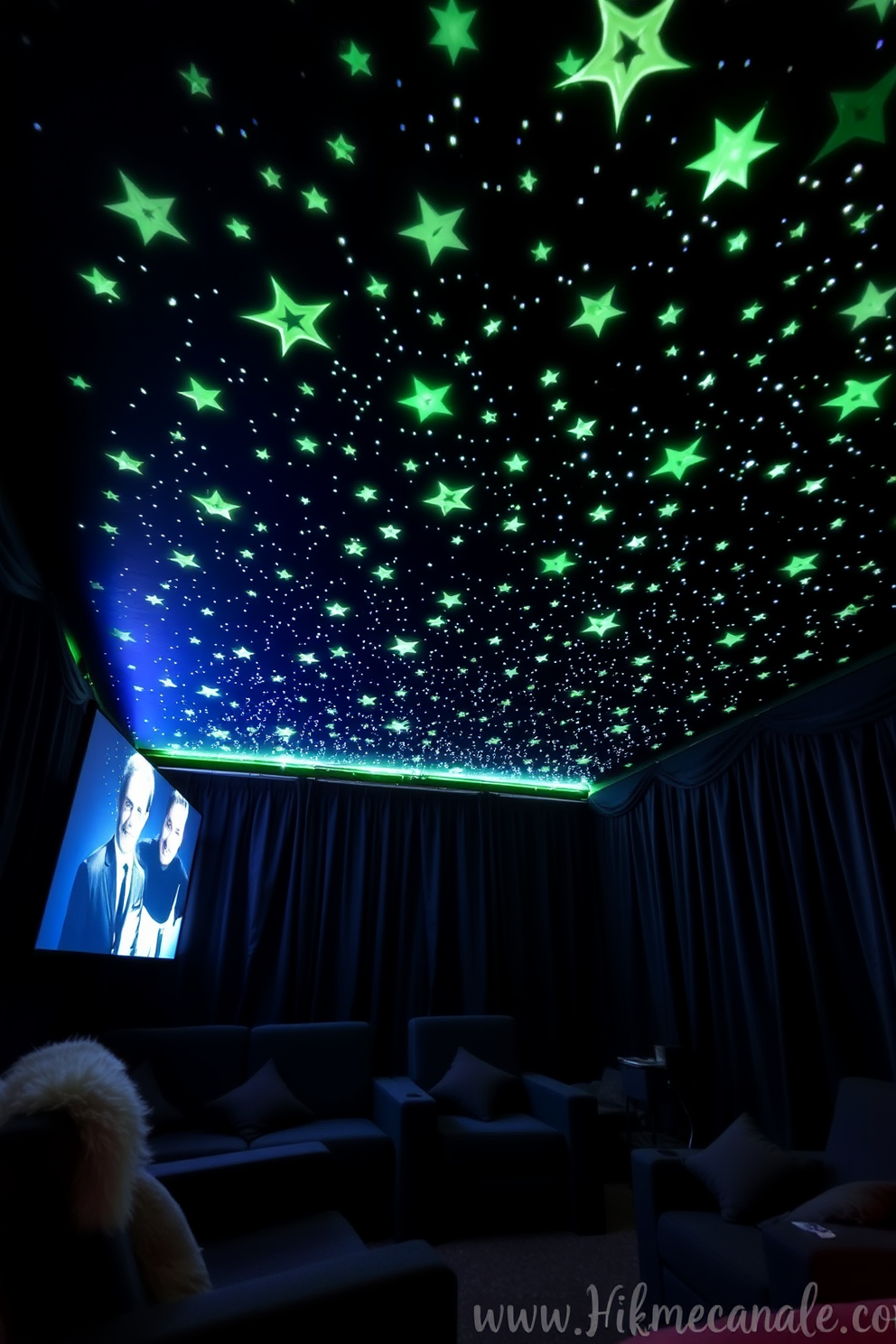 A cozy home theater designed for Halloween featuring a ceiling adorned with glow-in-the-dark stars. The walls are draped in dark fabric, creating an immersive atmosphere, and plush seating is arranged for optimal viewing comfort.