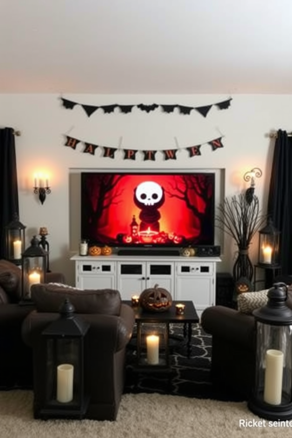 Create a cozy home theater setting decorated for Halloween. Vintage lanterns are strategically placed around the room to provide soft, warm lighting, enhancing the spooky atmosphere.