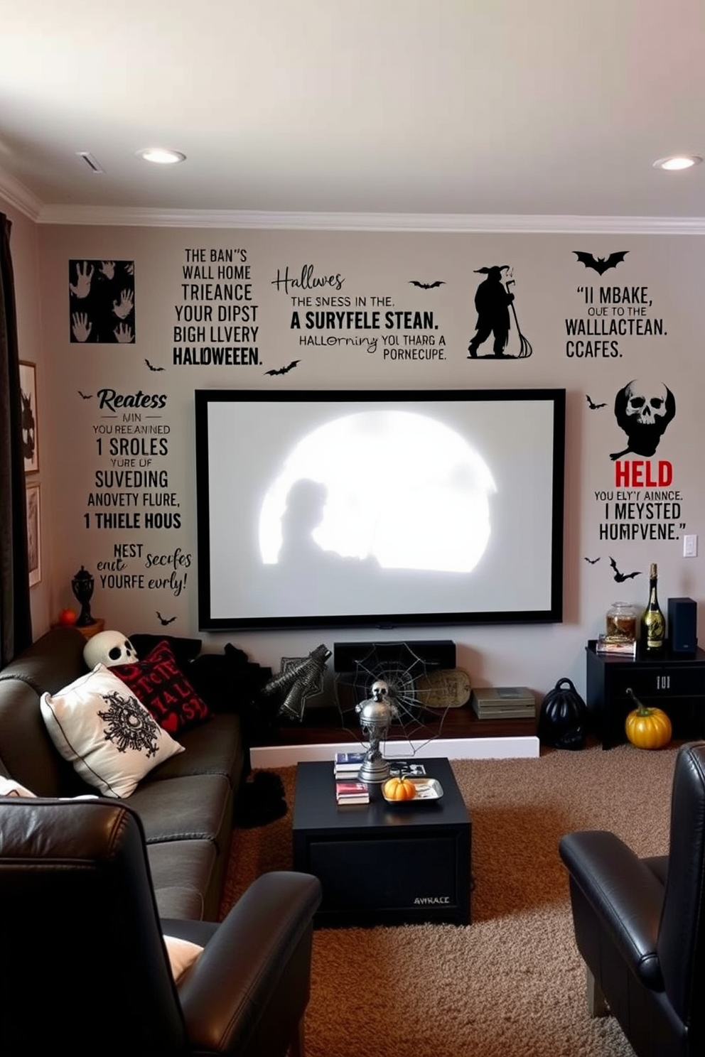 A cozy home theater setting designed for Halloween. The room features vintage candy jars filled with colorful treats displayed on a rustic wooden shelf, creating a festive atmosphere. The walls are adorned with spooky decorations, including ghostly silhouettes and autumn-themed artwork. Plush seating in deep orange and black hues invites guests to relax and enjoy the seasonal movie marathon.