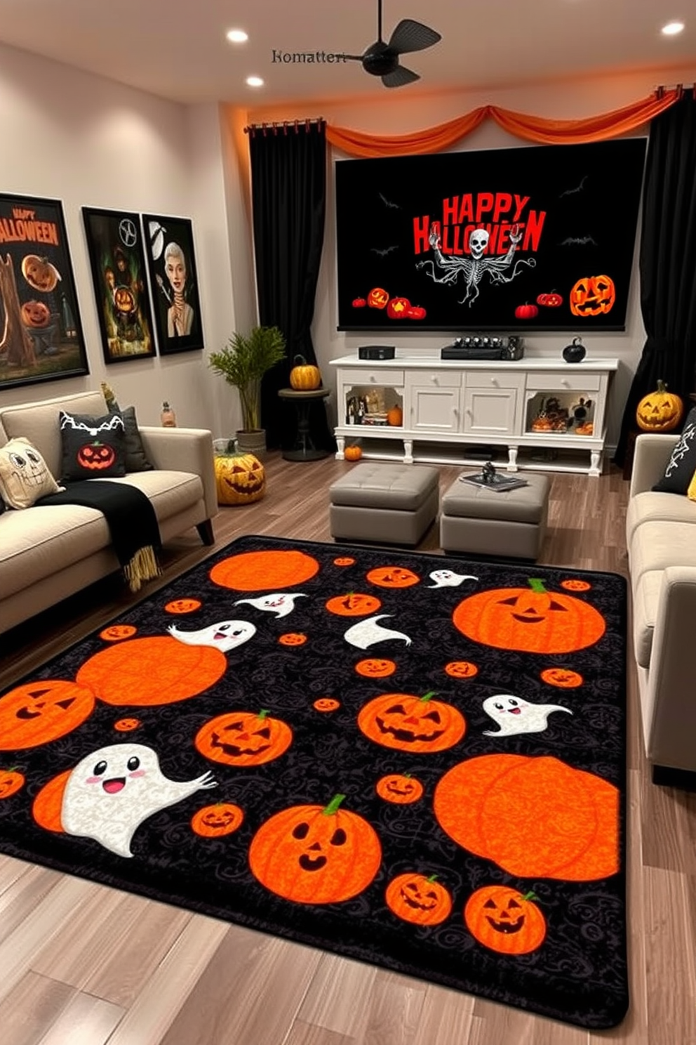 A cozy Halloween-themed area rug featuring playful ghosts and pumpkins in vibrant orange and black hues. The rug is placed in a living room setting, surrounded by plush furniture and autumn decorations, creating a festive atmosphere. A stylish Halloween home theater decorated with dark drapes and themed wall art. Plush seating is adorned with spooky cushions, and a large screen displays classic horror films, enhancing the immersive experience for movie nights.