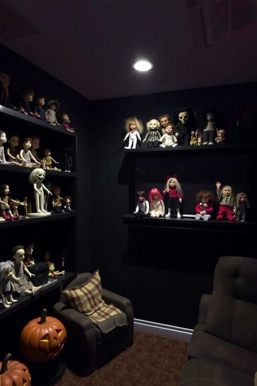 A creepy crawl space under the stairs transformed into a Halloween-themed home theater. Dim lighting casts eerie shadows on the walls, while cobwebs and fake spiders adorn the corners, creating a spine-chilling atmosphere.