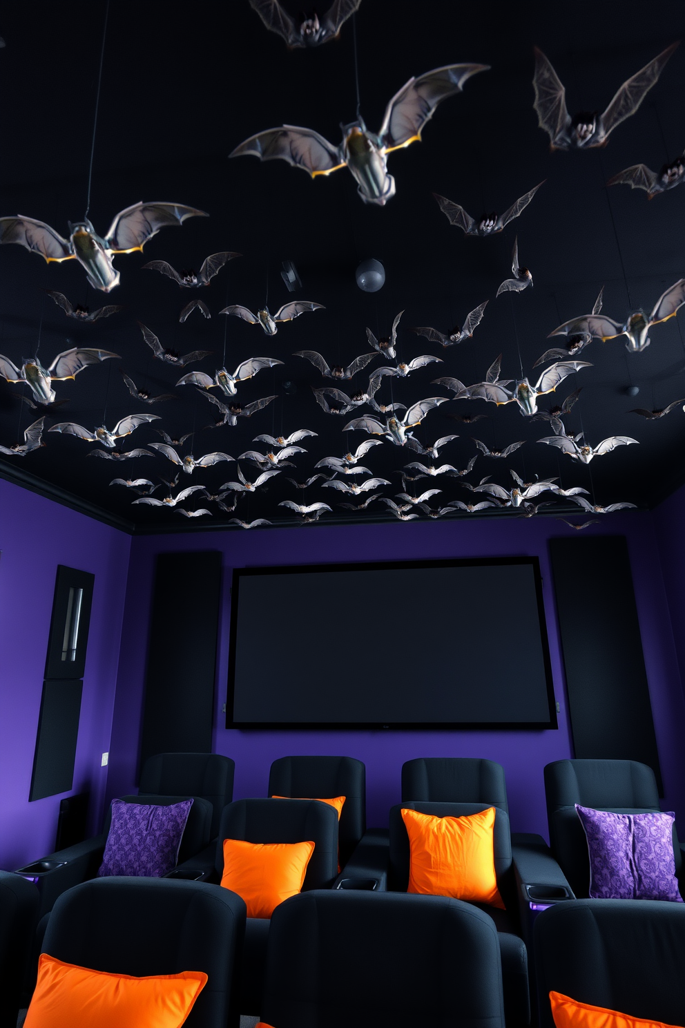 A spooky home theater setting for Halloween. The ceiling is adorned with hanging bats of various sizes, creating an eerie atmosphere. The walls are painted in deep purple and black, enhancing the cinematic experience. Plush black seating is arranged for optimal viewing, with orange and purple throw pillows adding a festive touch.