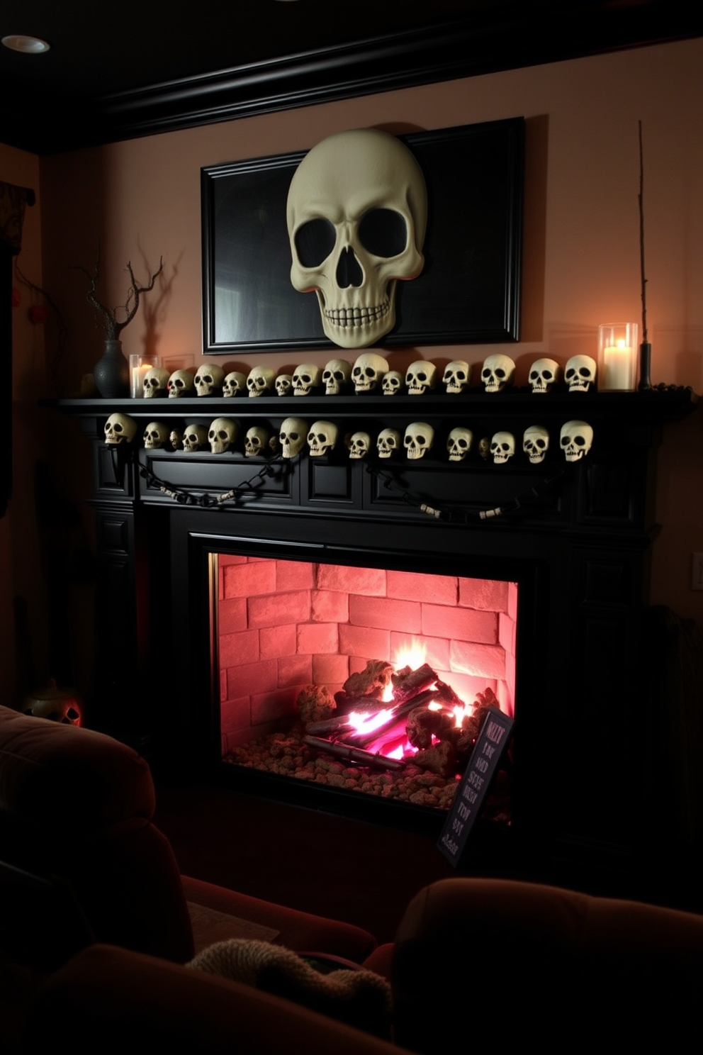 A cozy home theater adorned for Halloween features a dark wood mantle decorated with an array of decorative skulls in various sizes. Soft, ambient lighting casts eerie shadows, enhancing the spooky atmosphere while plush seating invites guests to enjoy the cinematic experience.