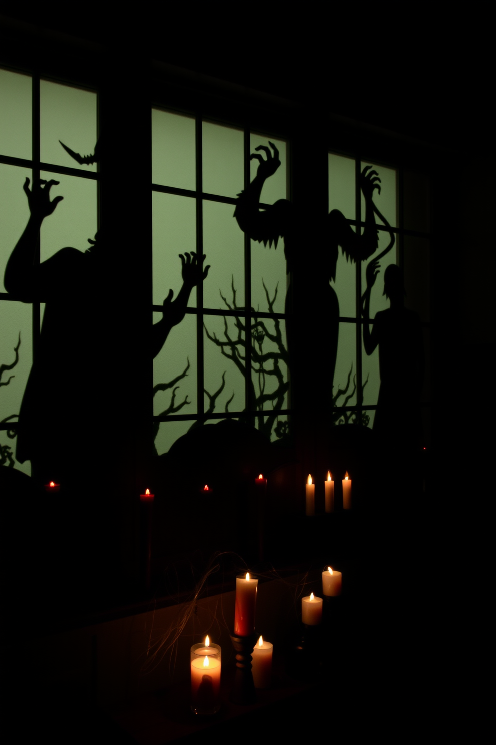 Spooky silhouettes cast eerie shadows on the window panes, creating an atmosphere of mystery and excitement. The home theater is adorned with themed decorations, featuring flickering candles and cobwebs to enhance the Halloween spirit.