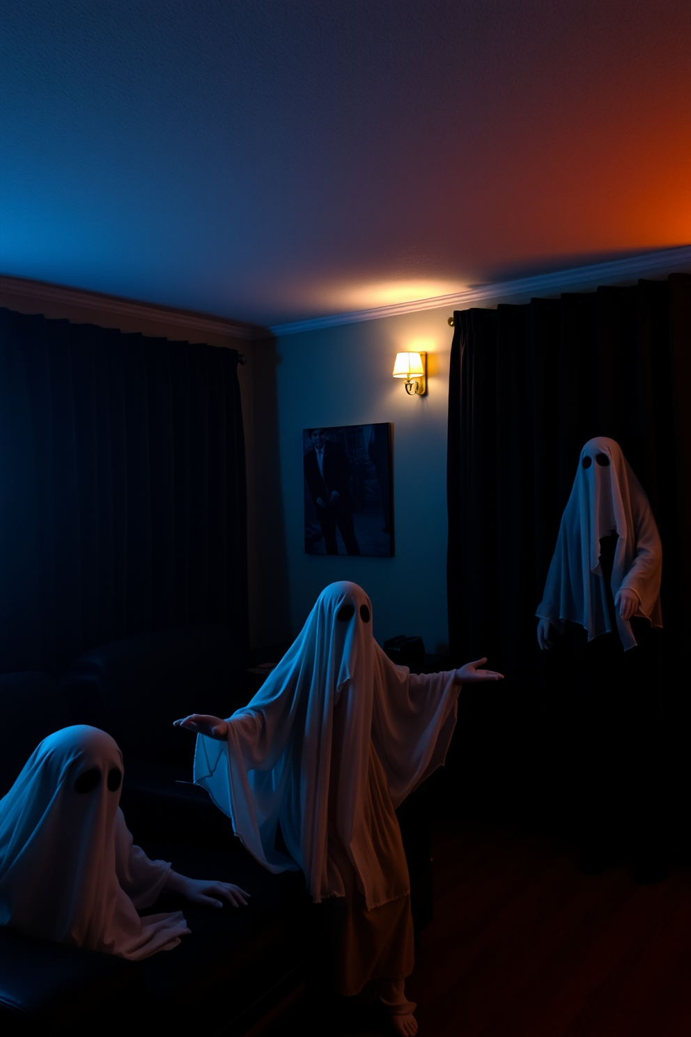 A spooky home theater setting with ghostly figures lurking in the corners. The walls are draped in dark velvet curtains, and eerie lighting casts shadows that enhance the haunting atmosphere.