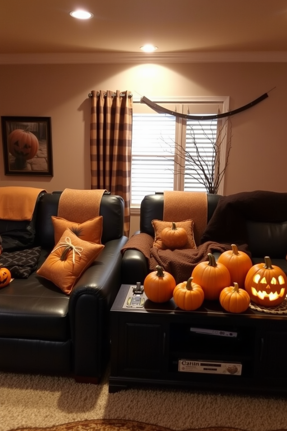 A cozy home theater setting decorated for Halloween. The furniture features pumpkin accents, including throw pillows and decorative blankets, creating a festive atmosphere. Soft lighting enhances the ambiance, casting a warm glow throughout the room. A collection of carved pumpkins sits on the entertainment center, adding a playful touch to the decor.