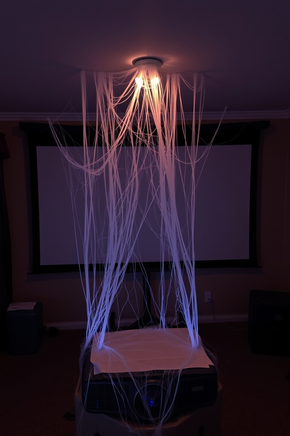 A spooky home theater setting for Halloween. Cobwebs are draped over the projector, creating an eerie atmosphere.